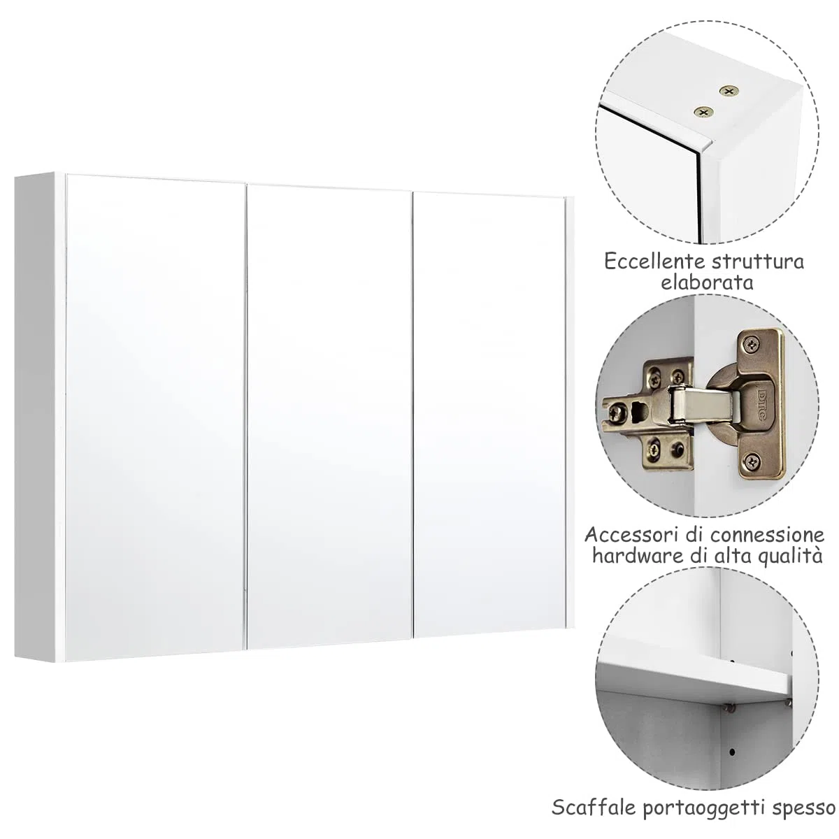 COSTWAY Armadietto Specchio Bagno con 3 Ante, 90 x 65 x 11 cm, Specchiera Bagno a Parete con Mensole Regolabili, Specchiera con Contenitore Salvaspazio per Ingresso e Soggiorno