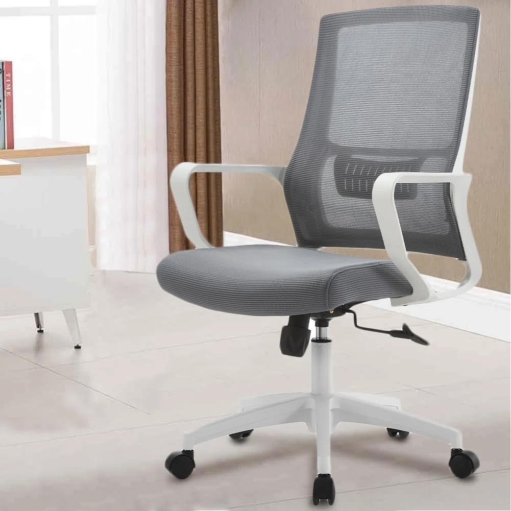 Shally Dogan Sedia da Ufficio Ergonomica Girevole con Supporto Lombare, Poltrona da Scrivania, Studio, Cameretta, Reclinabile con Altezza Regolabile, Base Bianca Robusta, Schienale Antisudore (Grigio)