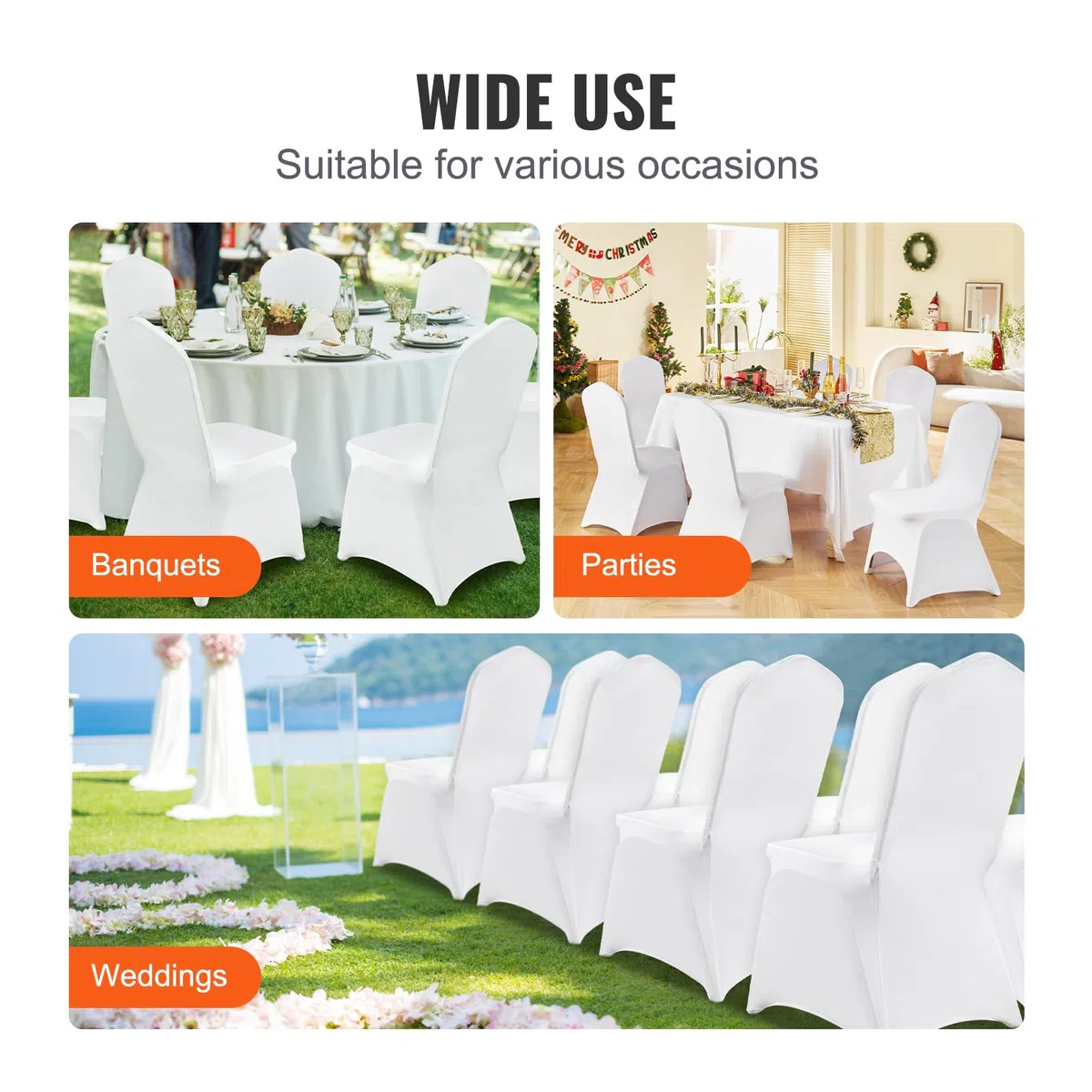 VEVOR 50 coprisedia da matrimonio, in spandex bianco, in tessuto elasticizzato, rimovibile, lavabile, per matrimoni, banchetti, cerimonia, 50 pezzi