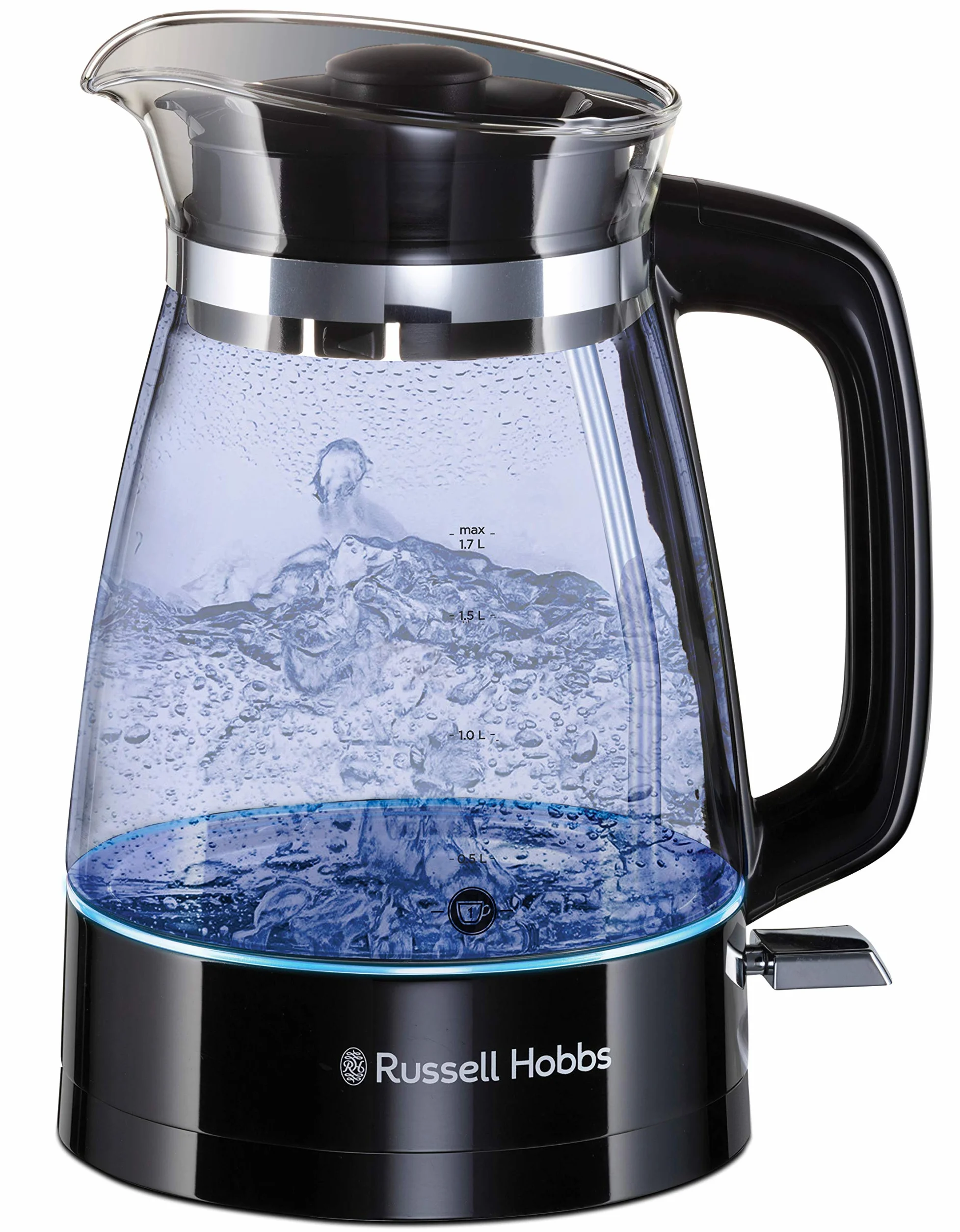 Russell Hobbs Bollitore Elettrico - Design in Vetro; 1,7L, 2400W - Illuminazione a Led; Funzione di Ebollizione Rapida, Filtro Anticalcare, Base in Acciaio Inox, Design Classic Glass, 26080-70
