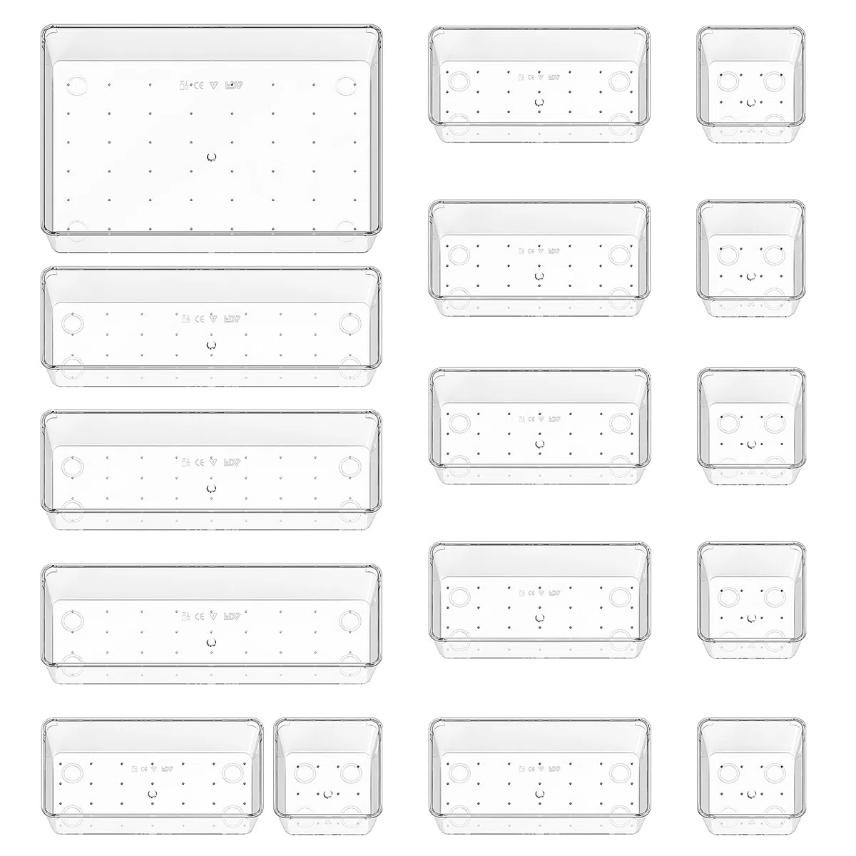 Organizer Cassetti 16 Pezzi, Contenitori per cassetti in Plastica Trasparente di 4 Dimensioni, Divisori per Cassetti Impilabili per Bagno, Cucina, Trucchi