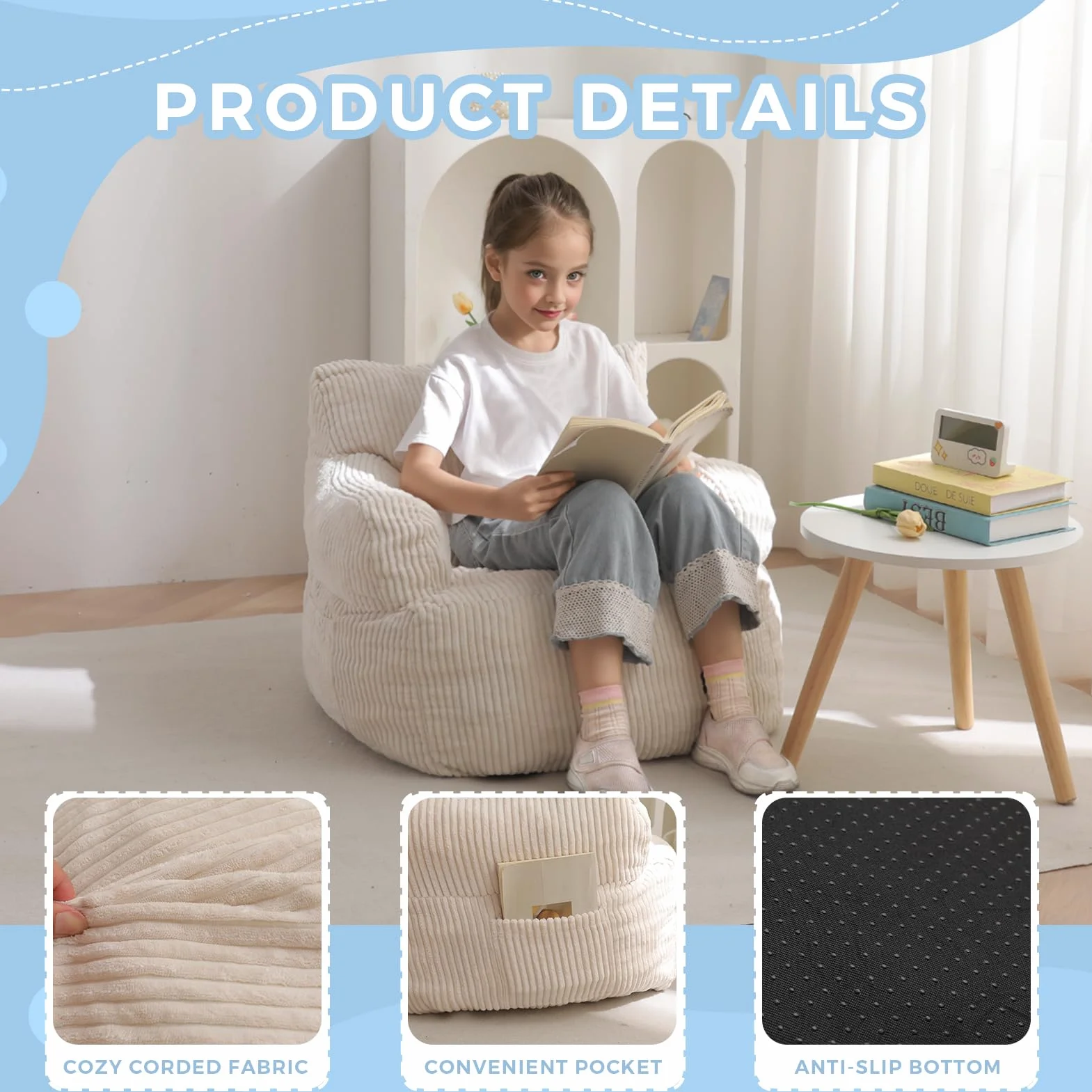 MAXYOYO Sedia a Sacco per Bambini, Poltrona a Sacco con Riempimento per Bambini e Bambine, Divano Lazy con Tasca, Sedia da Pavimento per Gaming, Lettura