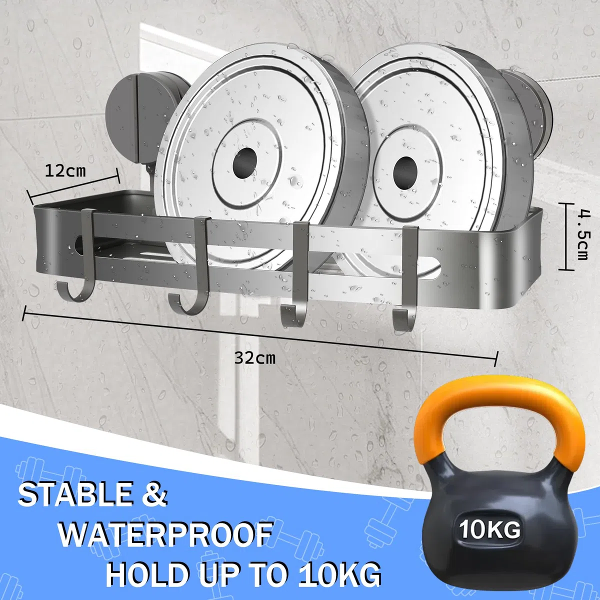 LURICO Mensola da Doccia Senza Forare con Ventosa - 4 Ganci, Lunghezza 32 cm, Portata 10 Kg, Supporto per Shampoo Rimovibile & Antiruggine, Ideale per Docce