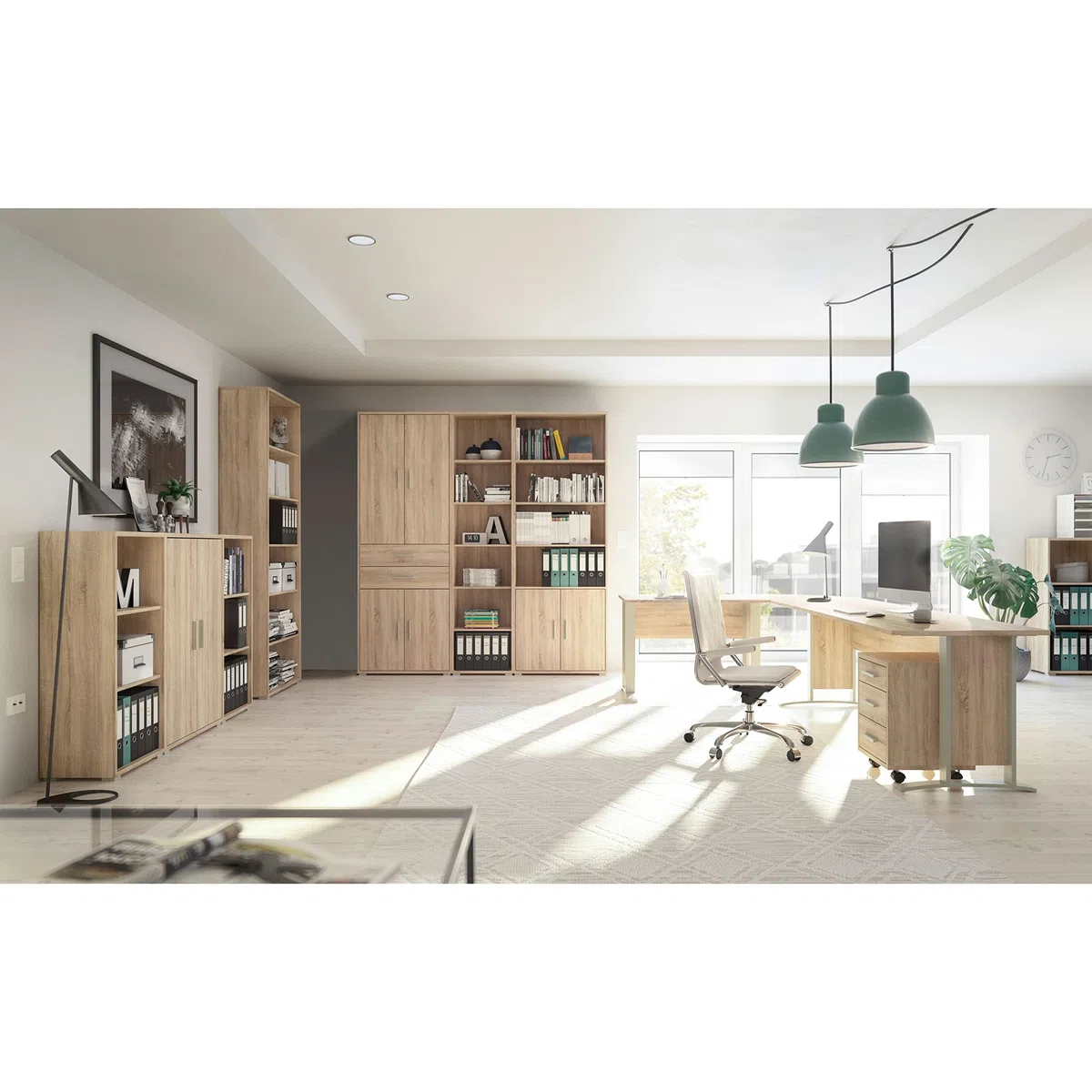 Stella Trading OFFICE LINE, Libreria archivio in simil rovere Sonoma, libreria larga a 2 ante e con 6 vani a giorno, set completo di mobili elegantei per l’ufficio, 184 x 114 x 35 cm (L x A x P)