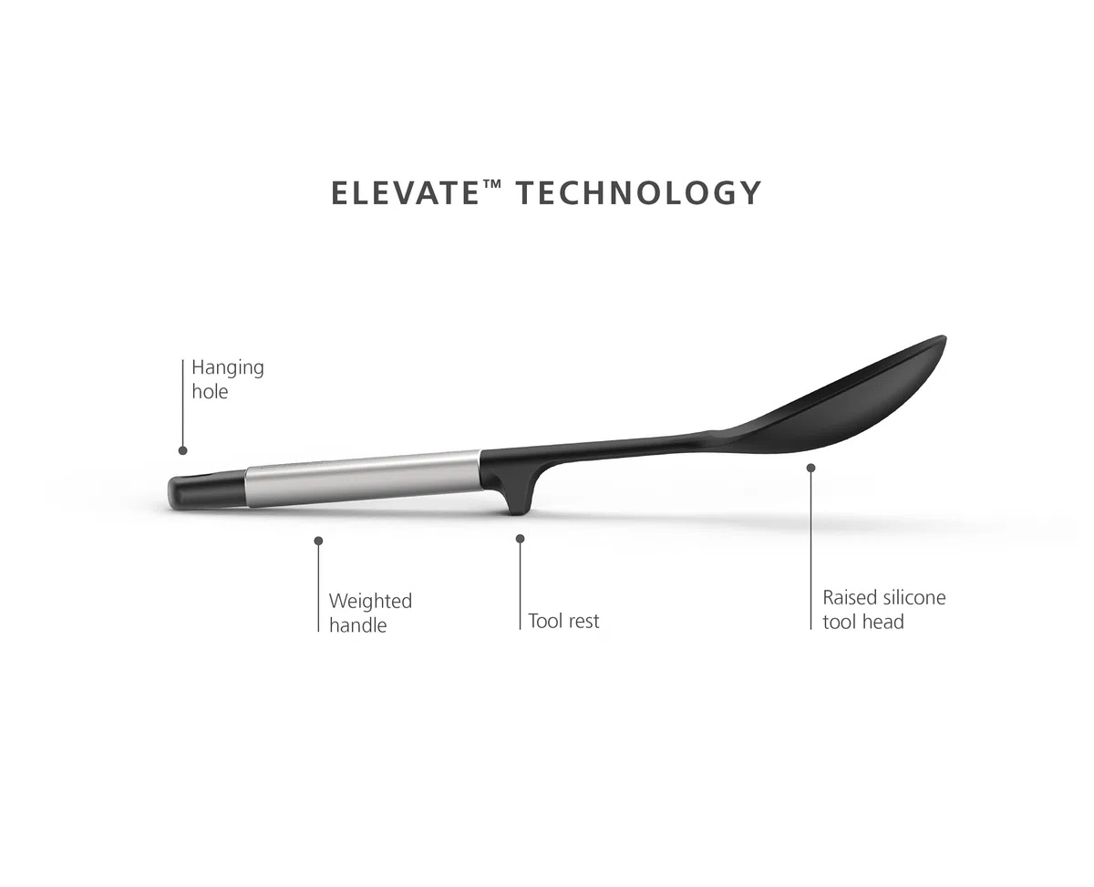 Joseph Joseph Elevate Cucchiaio da Cucina, Accessori in Silicone senza BPA, Antiaderente, Resistente al Calore, Manico in Acciaio Inox, Poggia Utensili Integrato