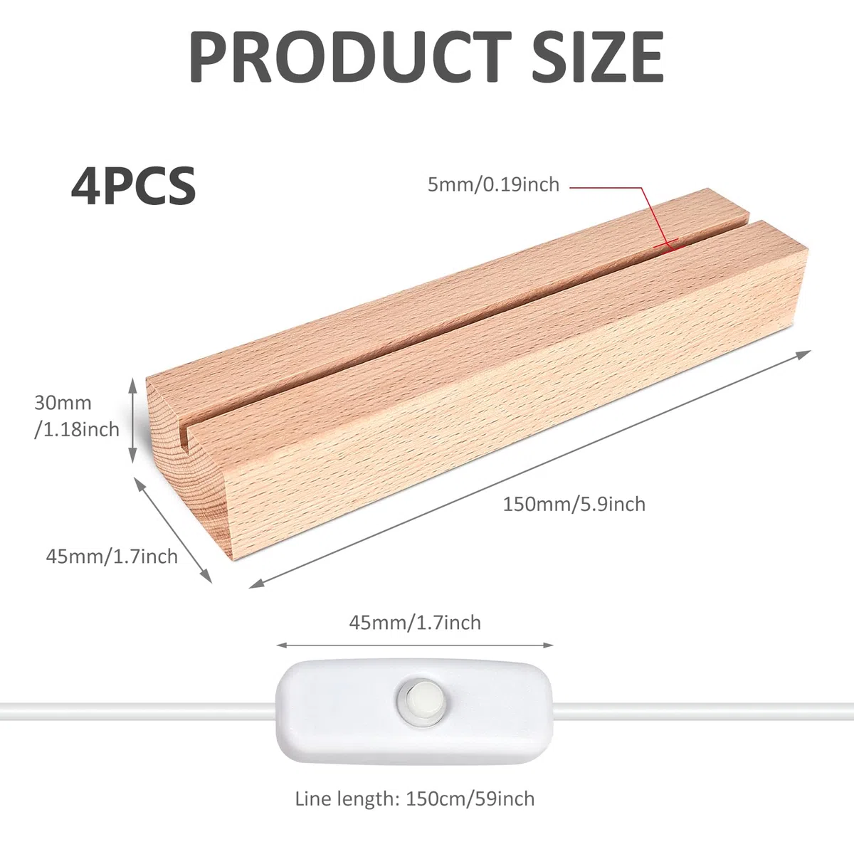 BORDEAG LED Luci Display Base, 4 Pezzi Base Luce Led Legno con USB, Base Rettangolare con Led per Lastra in Acrilico, Lastra in Cristallo, Lunghezza 15 cm, Bianco Caldo