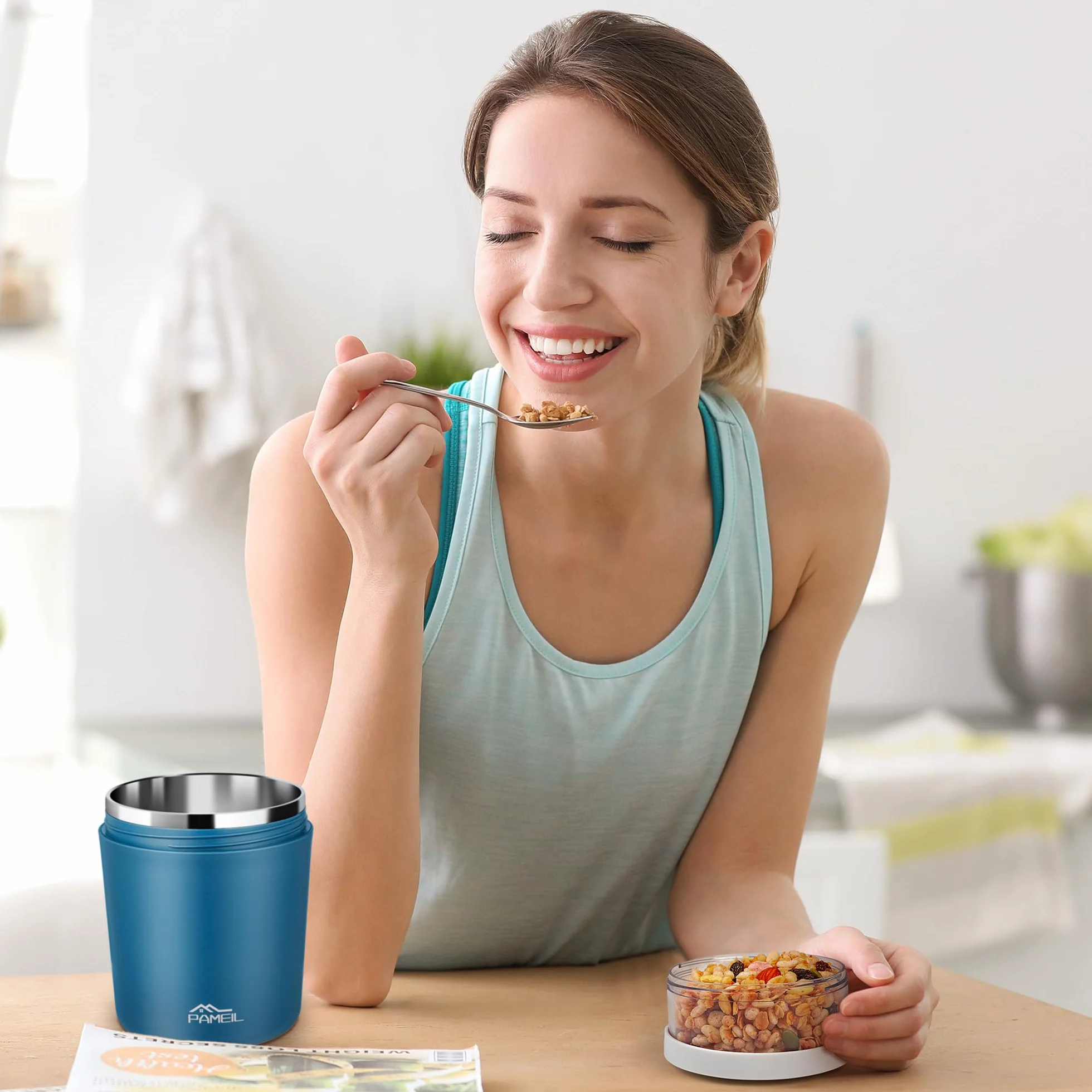Tazza per cereali,tazza per yogurt portatile a prova di perdite con parete interna isolata in acciaio inossidabile da 500ml+200 ml,tazza per cereali da portare con sé con cucchiaio adatta per lavoro