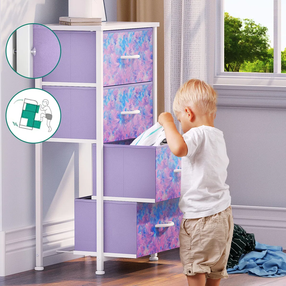 YITAHOME Cassettiera in tessuto,Armadietto con 4 Scomparti,Tiretti Pieghevoli in Tessuto,Struttura in Acciaio,Stampa Viola
