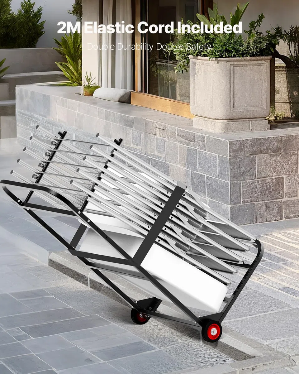 VEVOR Porta Sedie Pieghevole, Capacità 45 kg, Carrello per Sedie Resistente per Appendere 10 Sedie, Carrello Porta Sedie in Metallo Multifunzione con Ruote in Gomma, Supporto per Sedia a Spinta, Nero