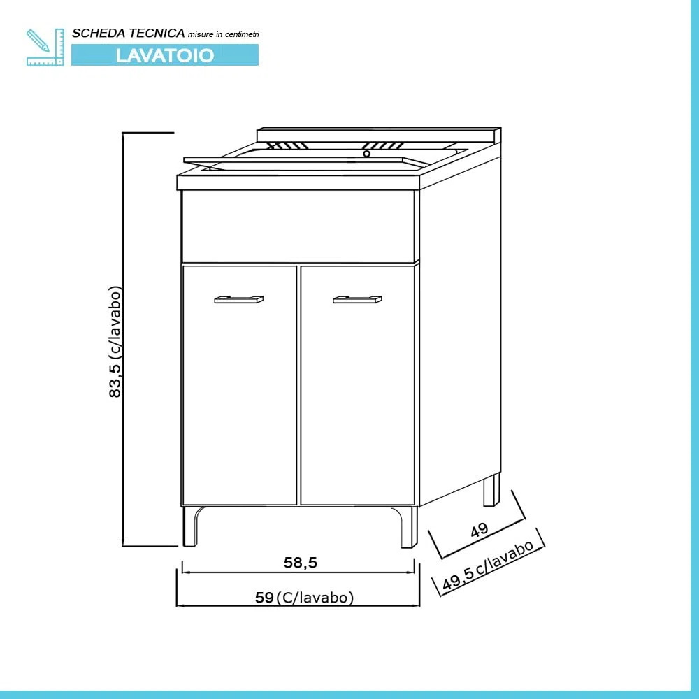 Mobile Lavatoio 60X50 Cm Con Vasca In Resina Bianca, Asse Lavapanni, Struttura In Legno Nobilitato Rovere Con Un’Anta Apribile Mediante Maniglia Cromata, Già Montato Con Kit Di Scarico Incluso