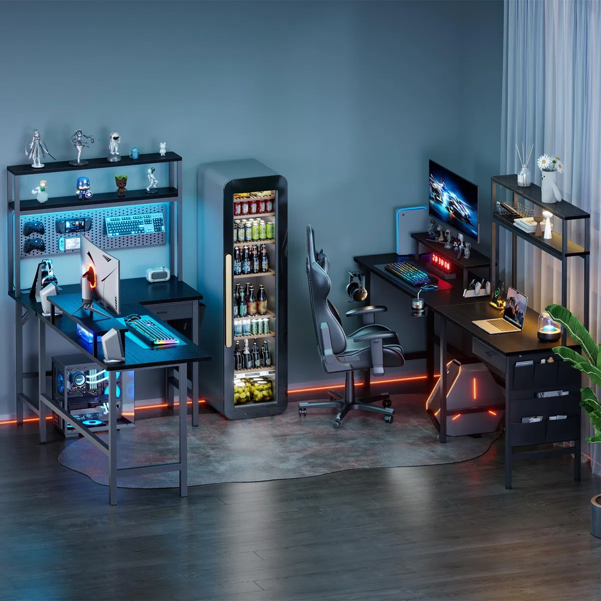 HLFURNIEU Scrivania Angolare con LED, 150 x 100 cm Scrivania Gaming a L con 3 Prese & 2 Porta USB, Tavolo Angolo Salvaspazio, con Libreria, Cassetti & Borsa Portaoggetti, Supporto per Monitor, Nero