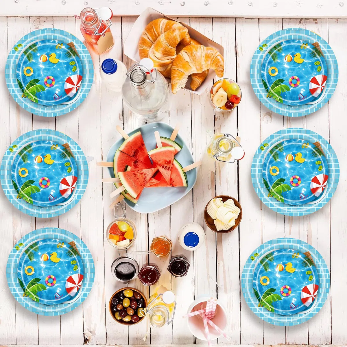 Jiahuade Set di stoviglie estive per feste in piscina, 50 pezzi, stoviglie per feste in piscina, tovaglioli, piatti di carta, bicchieri, stoviglie per 10 ospiti