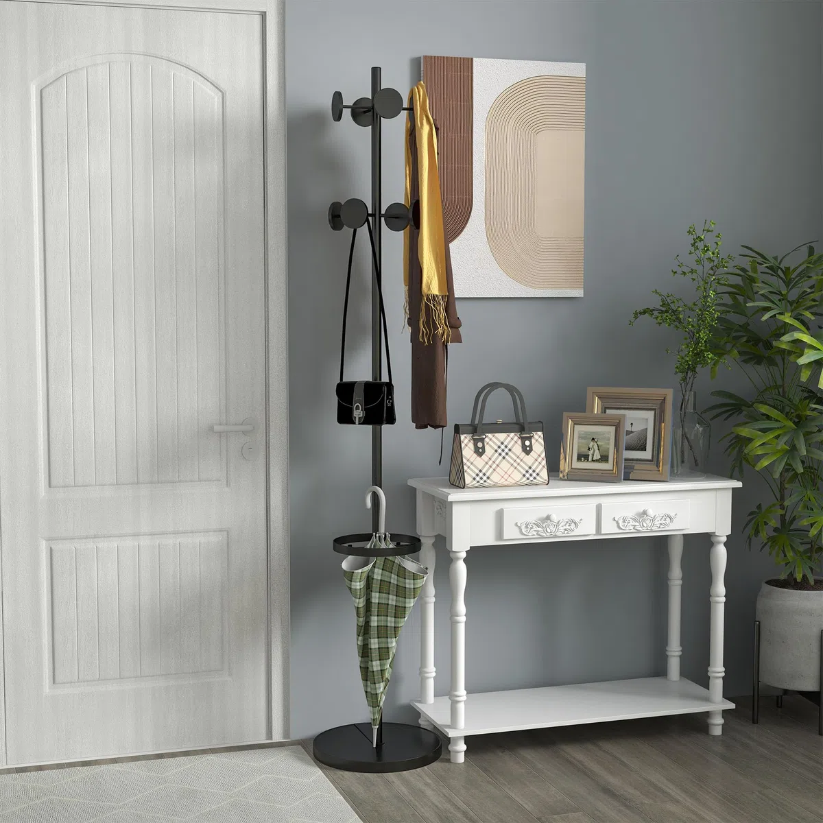 HOMCOM Appendiabiti da Terra con 8 Ganci in Metallo, Attaccapanni da Ingresso e Corridoio con Portaombrelli, Ø34 x 177cm, Nero