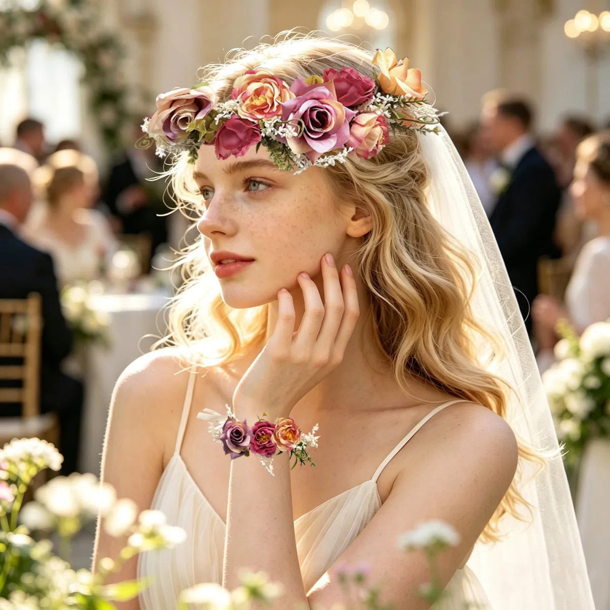 TZEKING Ghirlanda di Fiori e Bracciale Set, Corona di Fiori per Capelli con Fascia Regolabile, Coroncina per Sposa e Damigella, Adatto per Adulti e Bambini, per Matrimonio, Festa, Festival, Spiaggia
