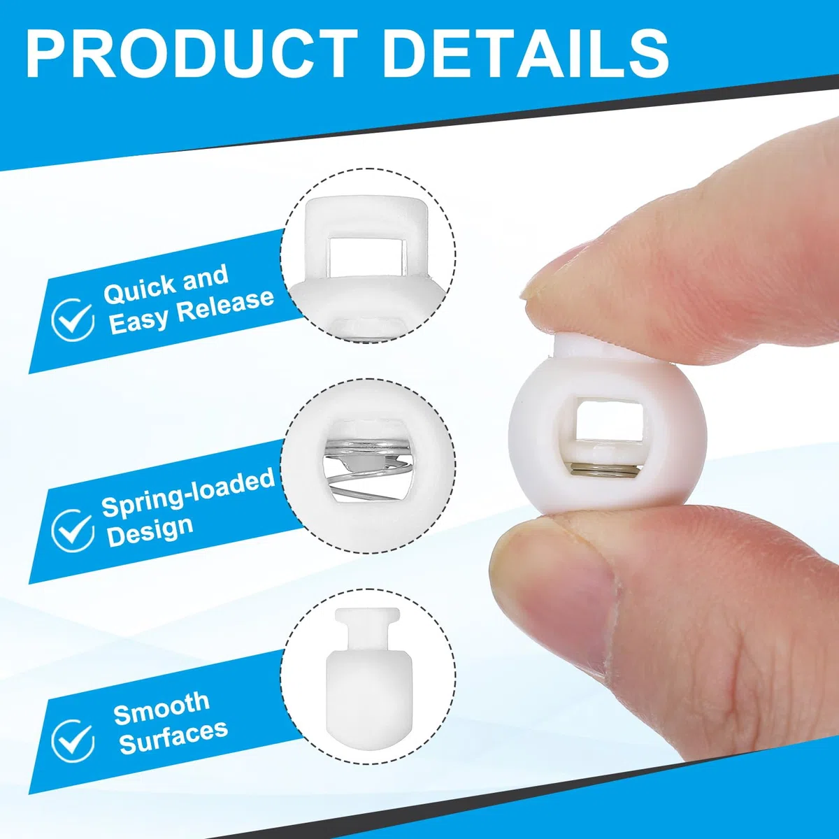 PATIKIL Fermacorda Rotondo, 30 Pcs Fermagli Regolabili A Molla Con Foro Singolo In Plastica Per Lacci Paracord E Stringhe Con Scatola, Bianco