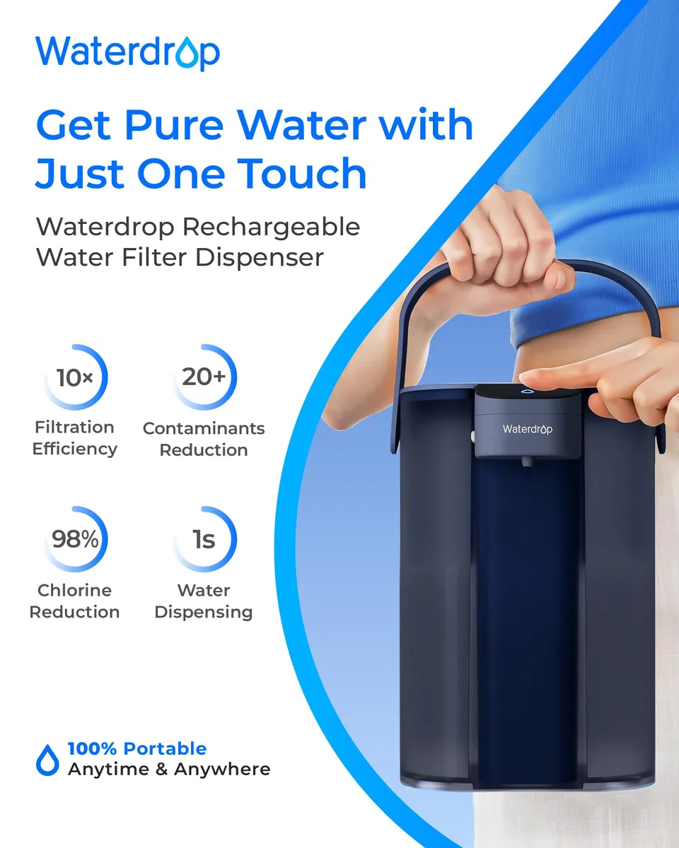 Waterdrop Caraffa Elettrica per Filtro Acqua ad Azione Immediata e Filtro a 3 Mesi, Sistema di Filtro Acqua da 3,5 Litri per Piano di Lavoro, Riduce il 98% di Cloro e Oltre 20 Impurità, Blu