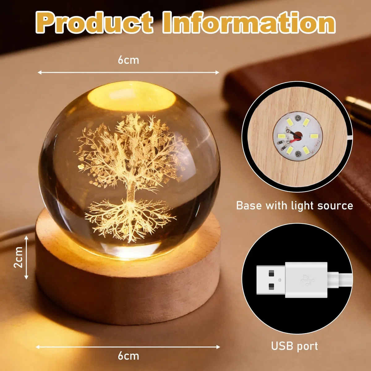 2 sfere di cristallo decorative: 6 cm, cristallo bianco con base in legno, sfera di vetro, incisione interna laser, sfera di cristallo 3D, fermacarte a forma di albero della vita, per regalo e