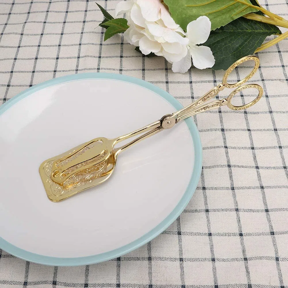 Pinze da portata, 2 pinze per pane, clip per buffet di cibo, posate per insalata, clip per bistecca vintage in lega di zinco per catering (Oro)