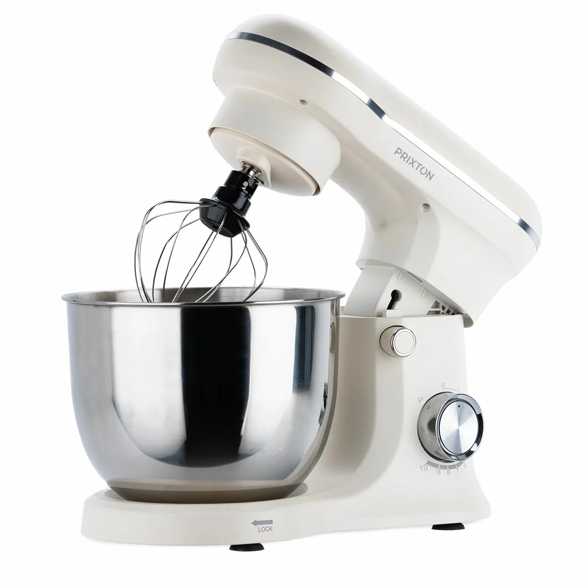 PRIXTON Frullatore Impastatrice KR250 per Pasticceria, Potenza 1500 W, 10 velocità, Ciotola Acciaio Inox da 5 litri, 3 accessori, Coperchio Trasparente (Crema Bianca)