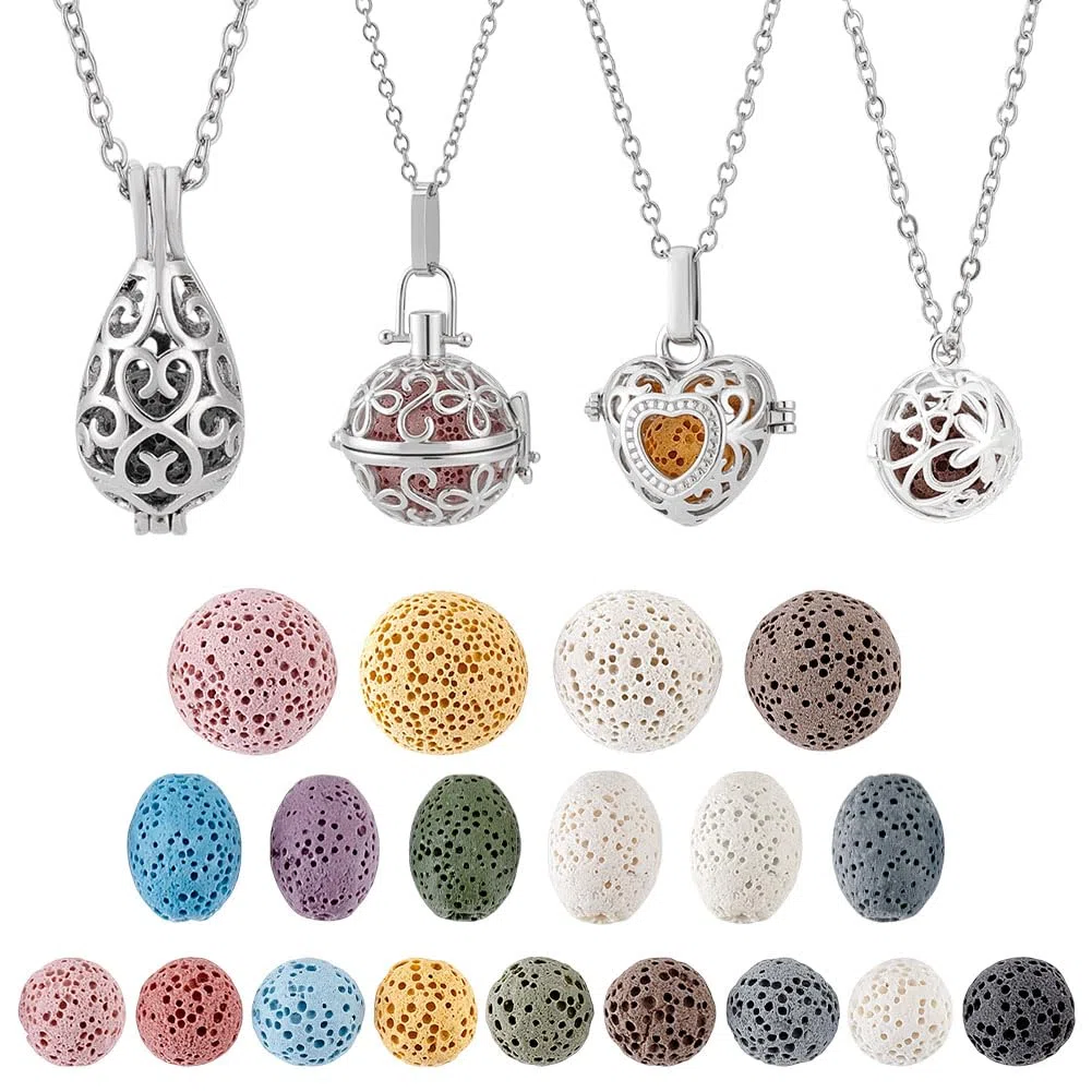 PH PandaHall 4pz Collana con Diffusore di Oli Essenziali Ciondolo Medaglione per Aromaterapia con Catena in Acciaio Inox e 26pz Perline di Roccia Lavica per Accessorio di Gioielleria
