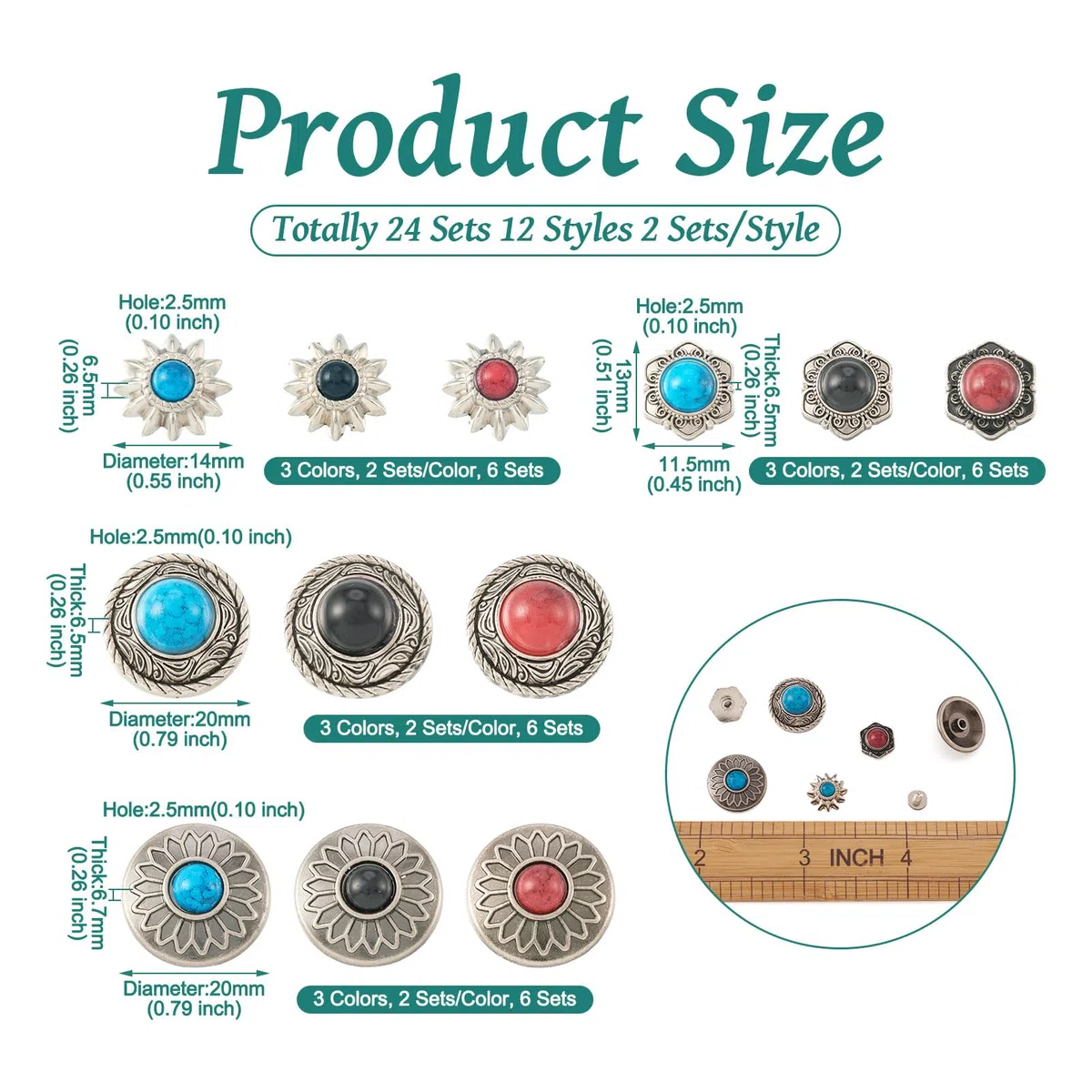 PandaHall, 24 set di rivetti con retro a vite - Borchie piatte e rotonde in pelle con fiori, per borsa, borsetta, scarpe, artigianato, vestiti, cintura