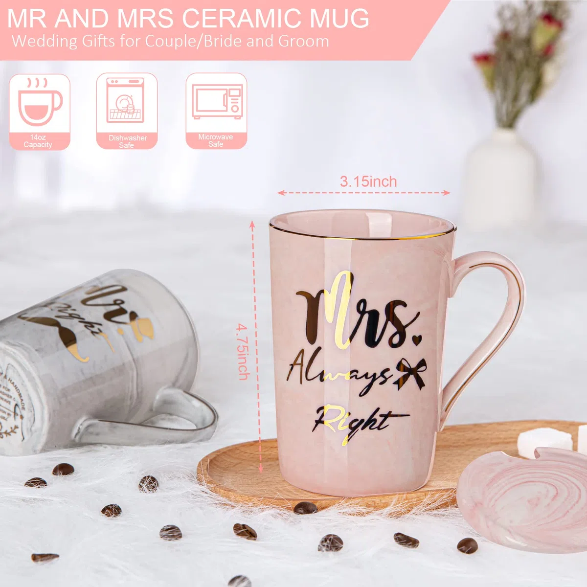 Regali di nozze per la sposa e lo sposo, regali di fidanzamento, regali di matrimonio, 396.9 g, in marmo ceramico Mr Right e Mrs Always Right, adatto al microonde, regalo di nozze per coppie