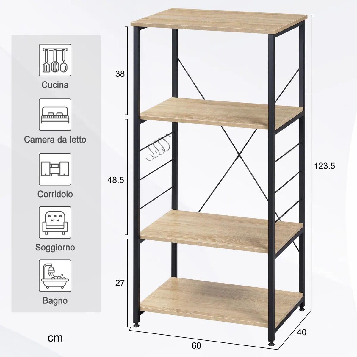 WOLTU Scaffale per Cucina Carrello Porta Microonde Forno a 4 Ripiani con Ganci in Acciaio Legno