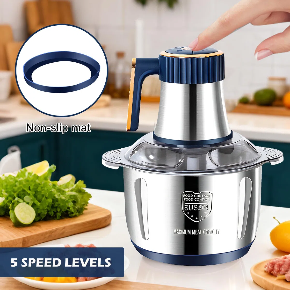 Tritatutto Elettrico 5L - Frullatore Tritacarne Elettrico con Ciotola in Acciaio Inossidabile, 5 Velocità e 6 Lame in Acciaio con 5 Set di Lame per Carne, Verdure e Frutta