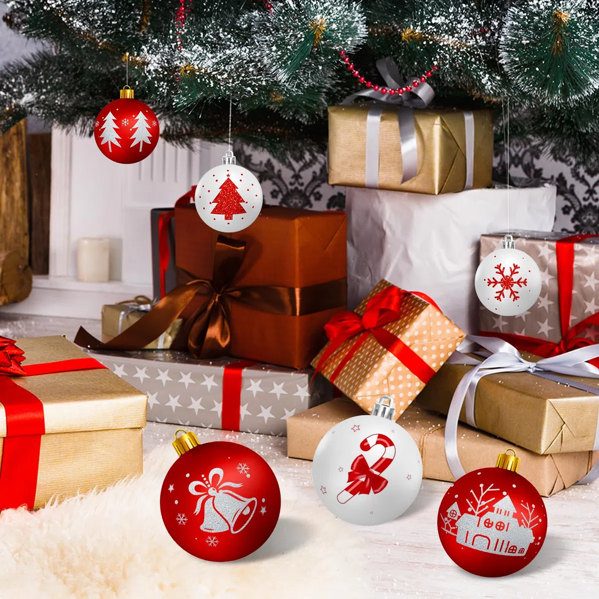 Palline di Natale Bianche e Rosso, 16PCS Decorazioni Albero di Natale, 6cm Palline Plastica con Gancio, Idee Regalo Decorazioni Natalizie per la Casa(7 Tipi Modelli)