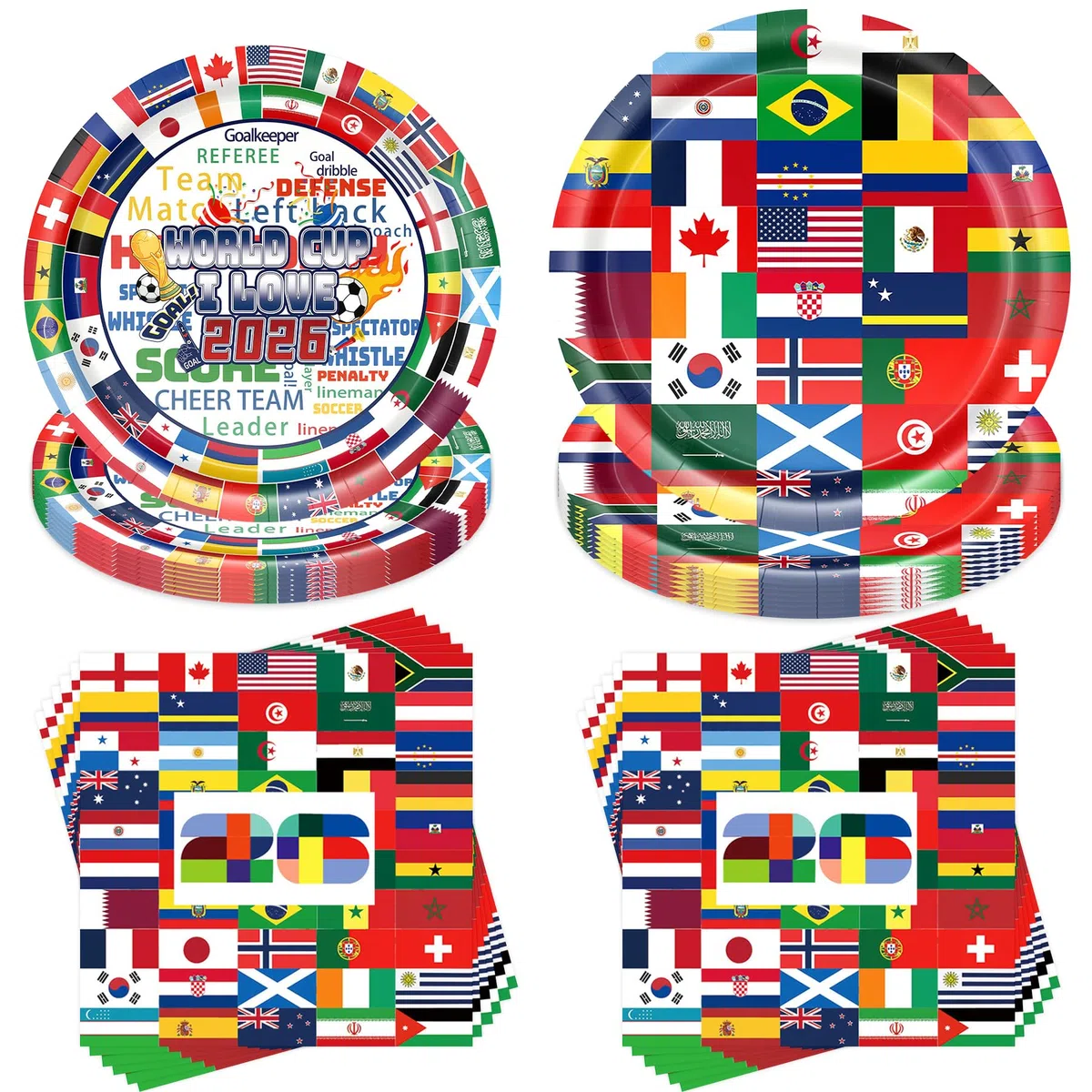 Set di 40 bandiere del mondo, stoviglie per feste di compleanno, con piatti di carta, decorazioni per feste per 10 ospiti