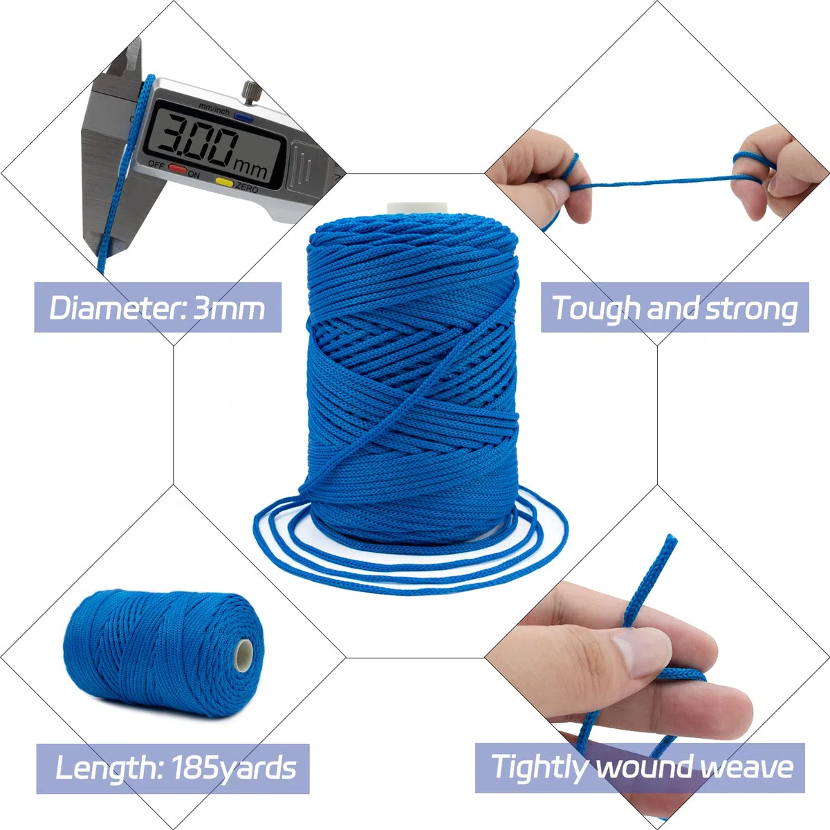 Cordino per Borse Uncinetto, Corda Macrame 3mm x 170m Corda in Poliestere Filo Macrame, Cordoncino per Borse a Uncinetto, Fai Da Te, Regalo per Maglieria (Blu Scuro)
