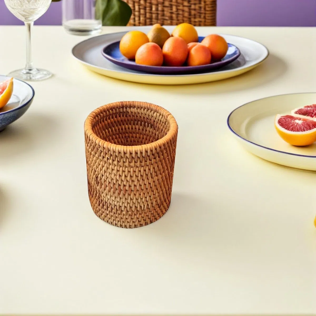 Cestino Cilindrico in Rattan Naturale 3.15X3.15X3.94In Contenitore per Set da Tè e Organizer Scrivania Ufficio per Famiglie e Ristorante