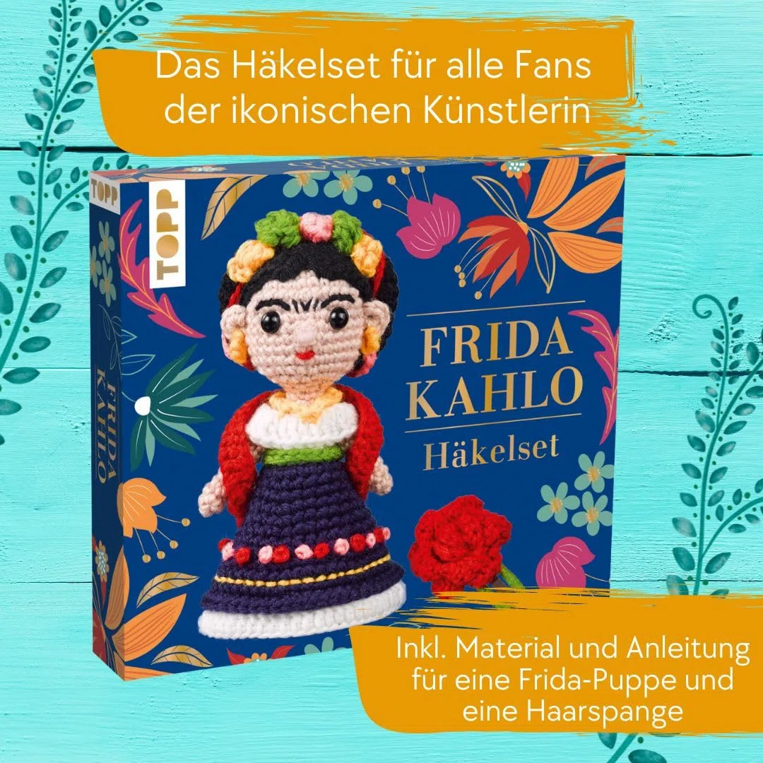 Frida Kahlo Häkelset: Häkelset mit Anleitung und Material für Frida Kahlo und Haarspange zum Selber-Häkeln. Fertiges Modell ca. 14 cm