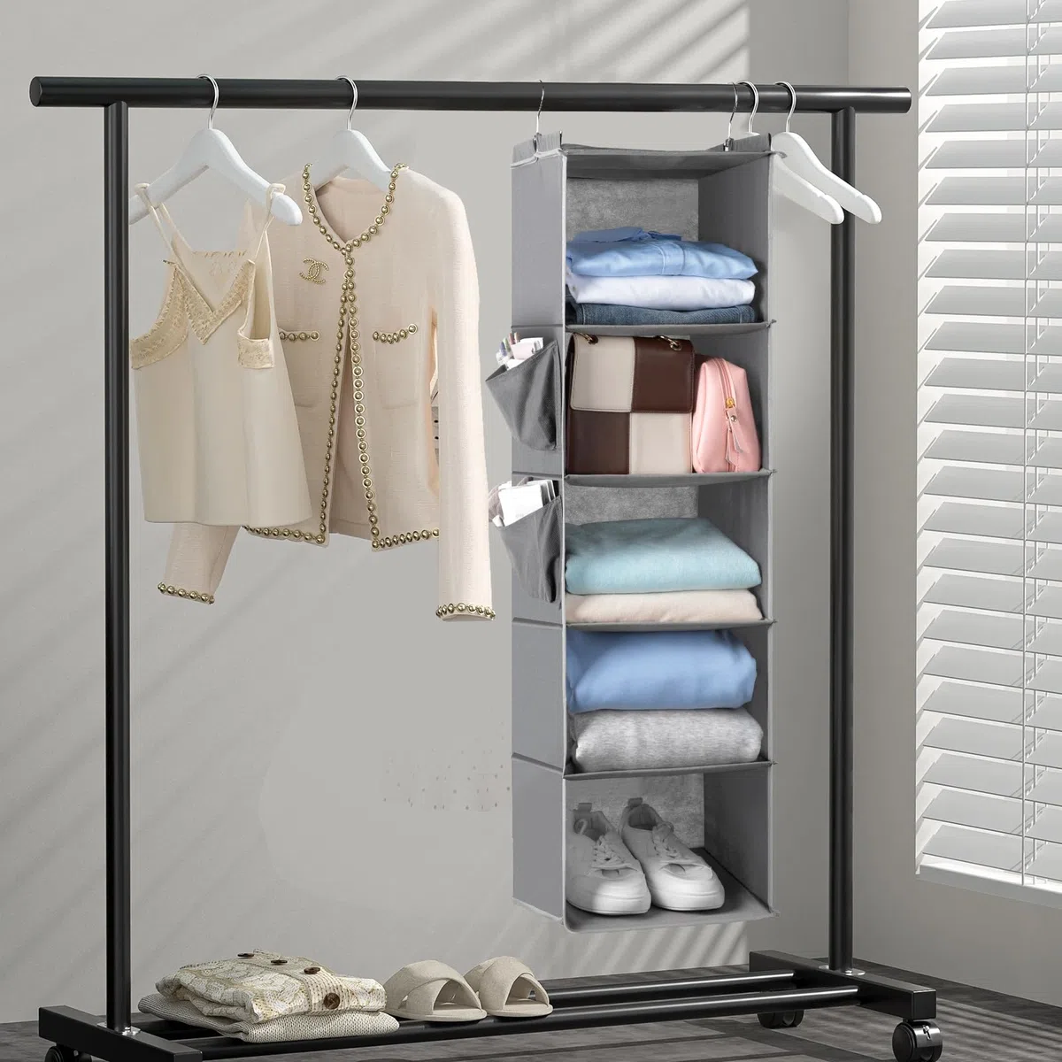 Cozary Organizer Armadio da Appendere 5 Ripiani, Organizzatore Armadio Pieghevole, Organizer da Appendere con Ganci in Metallo, per Camera da Letto- Grigio