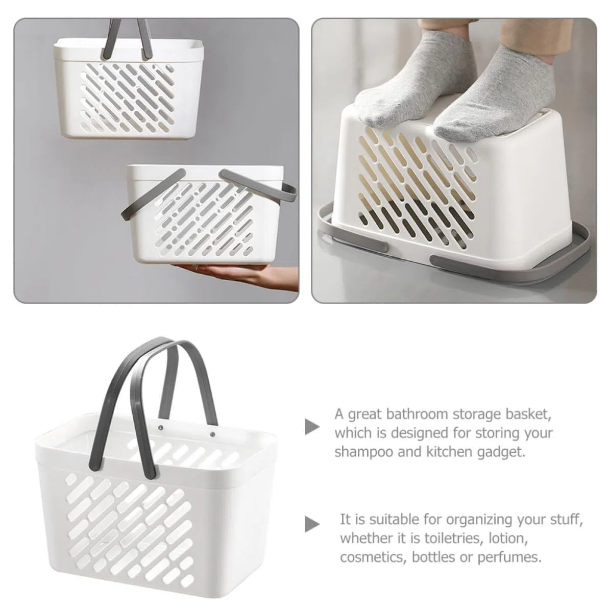 OSALADI Cestino da Bagno in Plastica Bianco Doppia Maniglia e Design Traforato, Grande Capacità per Organizzare Accessori e Cosmetici in Soggiorno o Armadio