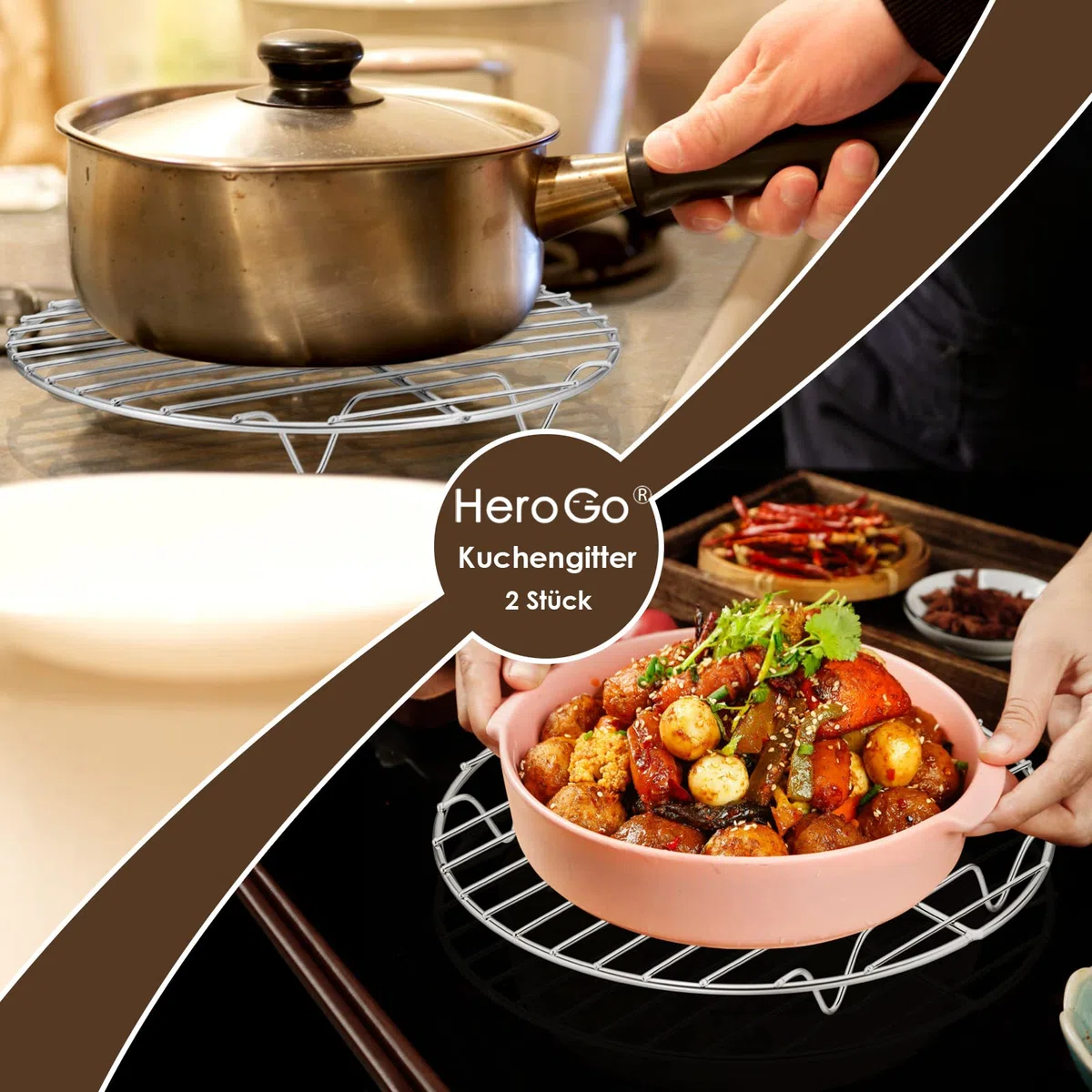 Herogo Griglia di raffreddamento per torte, 2 pezzi, in acciaio inox, rotonda, griglia di raffreddamento per il raffreddamento, cottura a vapore, antiruggine e bordo liscio, lavabile in lavastoviglie,