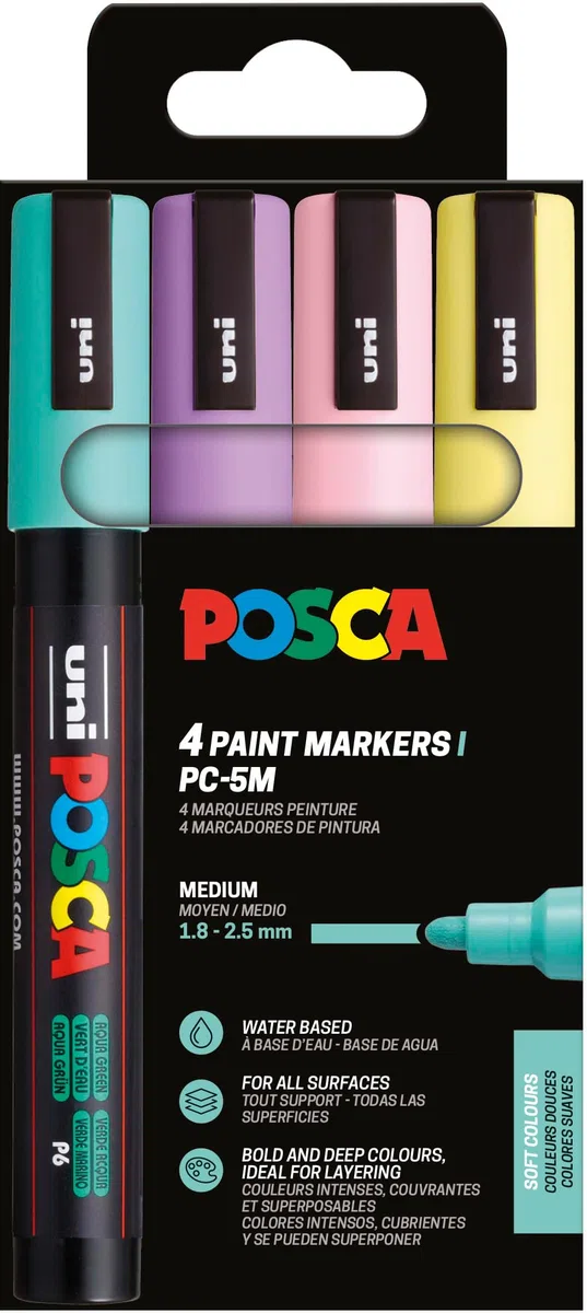 POSCA 182546 - Set di pennarelli POSCA, 4 penne acriliche pastello PC-5M, pennarello permanente 1,8-2,5 mm punta tonda