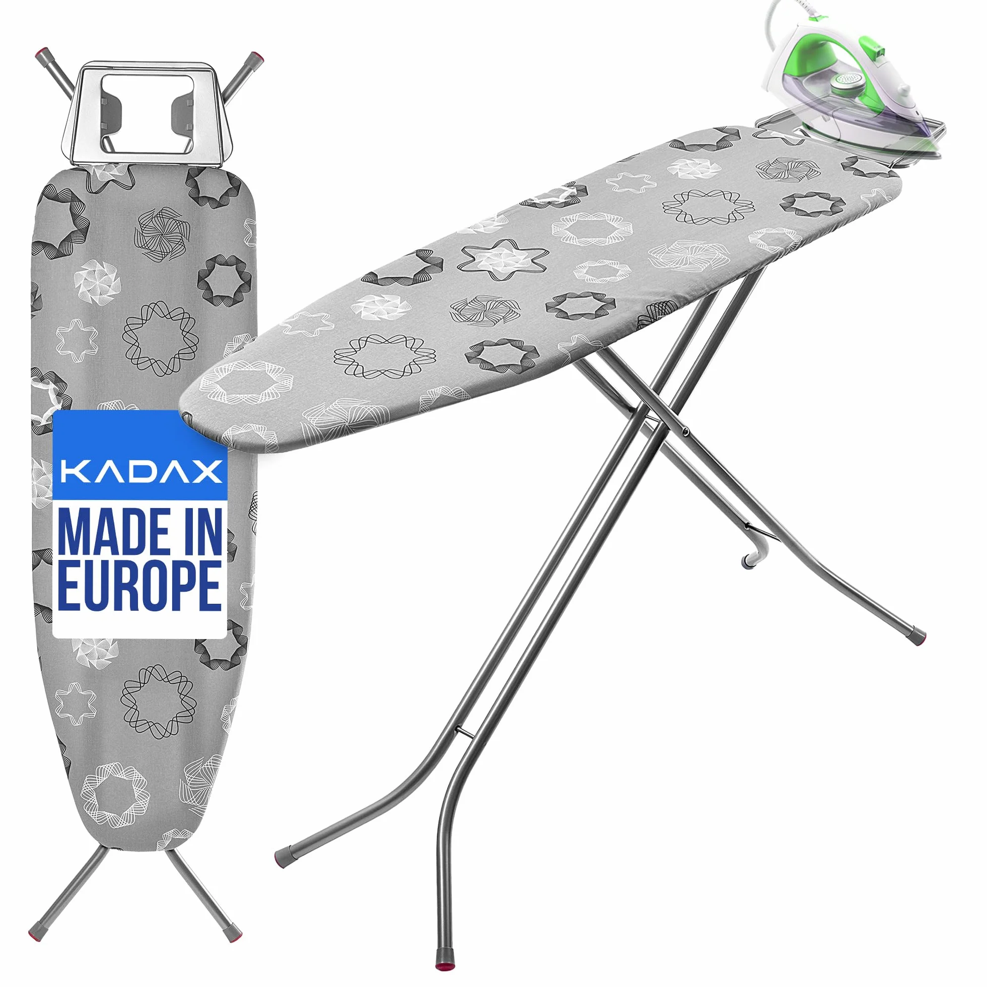 KADAX Asse da stiro pieghevole, 120 x 38 cm, con rete metallica, asse da stiro con piedini antiscivolo, asse da stiro regolabile in altezza, con ripiano da stiro (grigio)