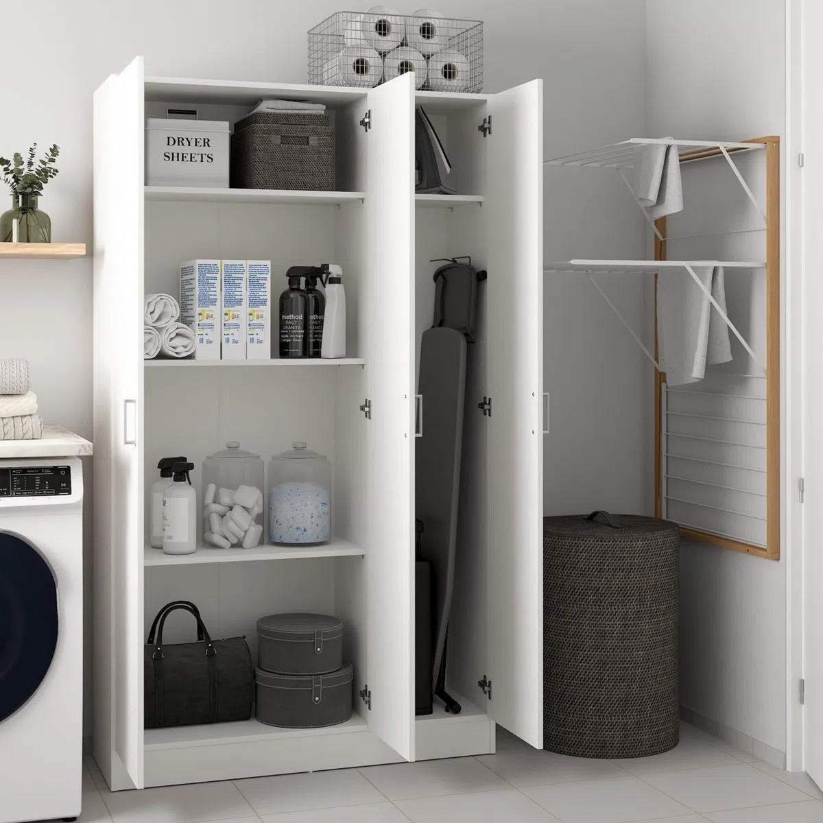 Dmora - Armadio multiuso grande Beaumont, Guardaroba ausiliario a 3 ante, Scarpiera con ripiani, Mobile porta scope, 109x37h180 cm, Bianco