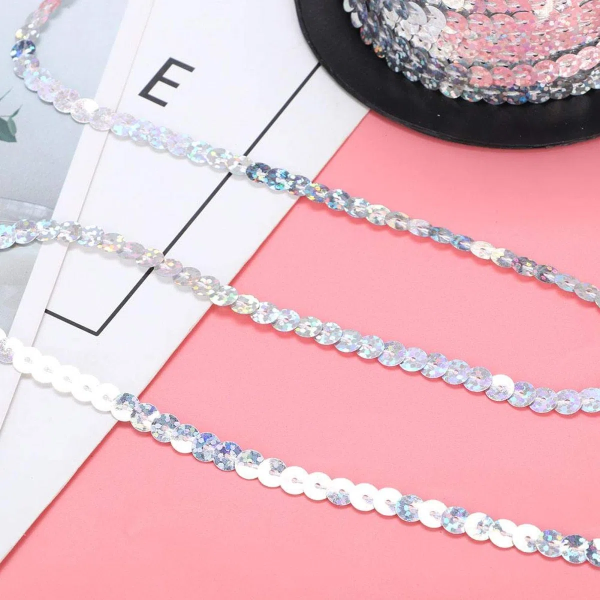 Nastro di Paillettes Decorativo in Argento, 100 Metri, 6mm, per Gioielli, Costumi, Cucito e Creazione di Nastri