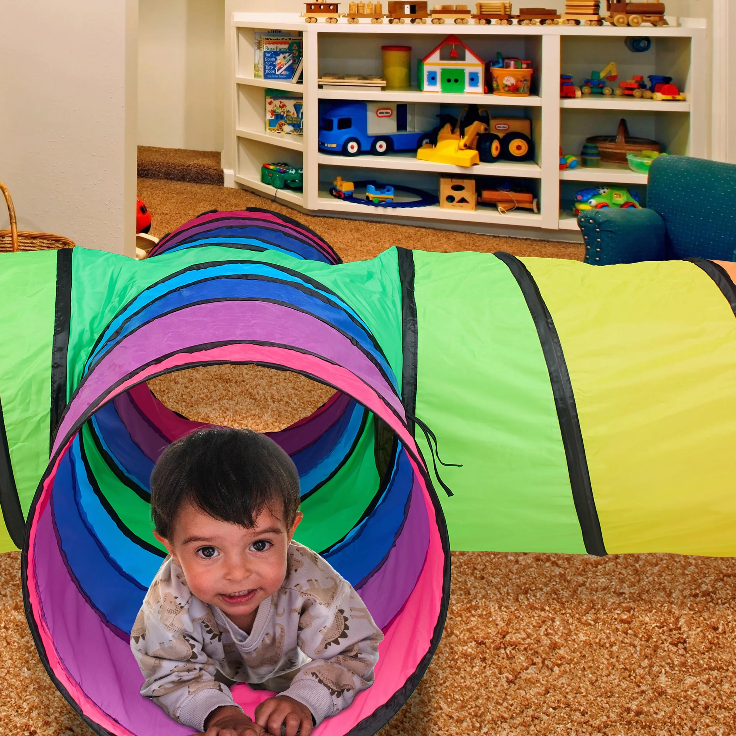 Relaxdays Tunnel Gioco per Bambini, Tenda Giochi da Esterno e Interno, 46x232x232 cm, Tubo Pop-Up, 4 Aperture, Colorato