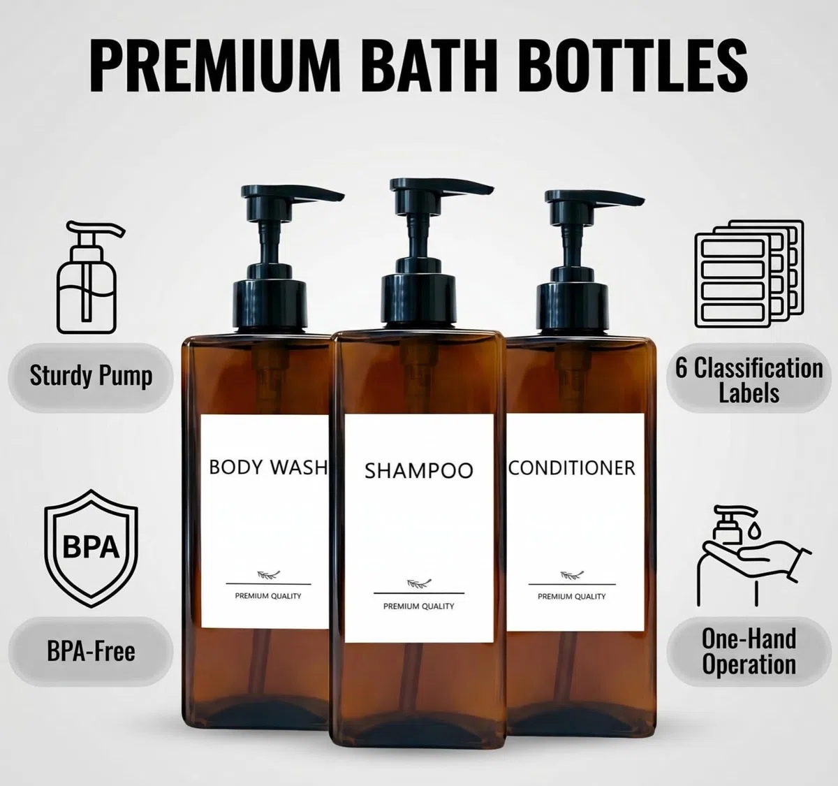 Set di dispenser per shampoo e balsamo, confezione da 3 flaconi ricaricabili per shampoo e balsamo con etichette, dispenser di sapone da 500 ml, dispenser per doccia, bottiglia quadrata a pompa per