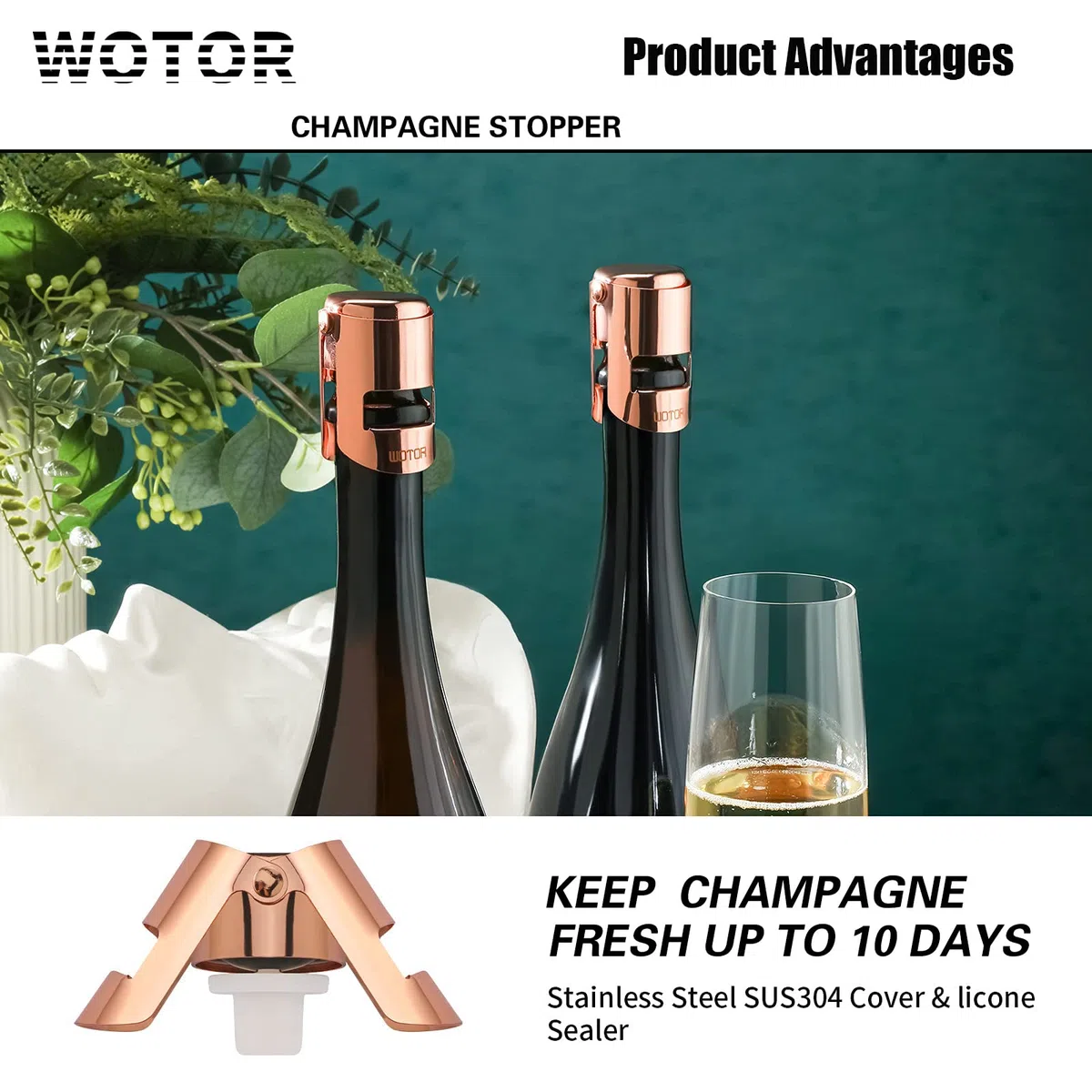 WOTOR 3 pezzi tappo per spumante, tappo champagne professionale in acciaio inox, tappo vino frizzante riutilizzabile, tappo per prosecco, a prova di perdite, Mantieni fresco (Tricolore)