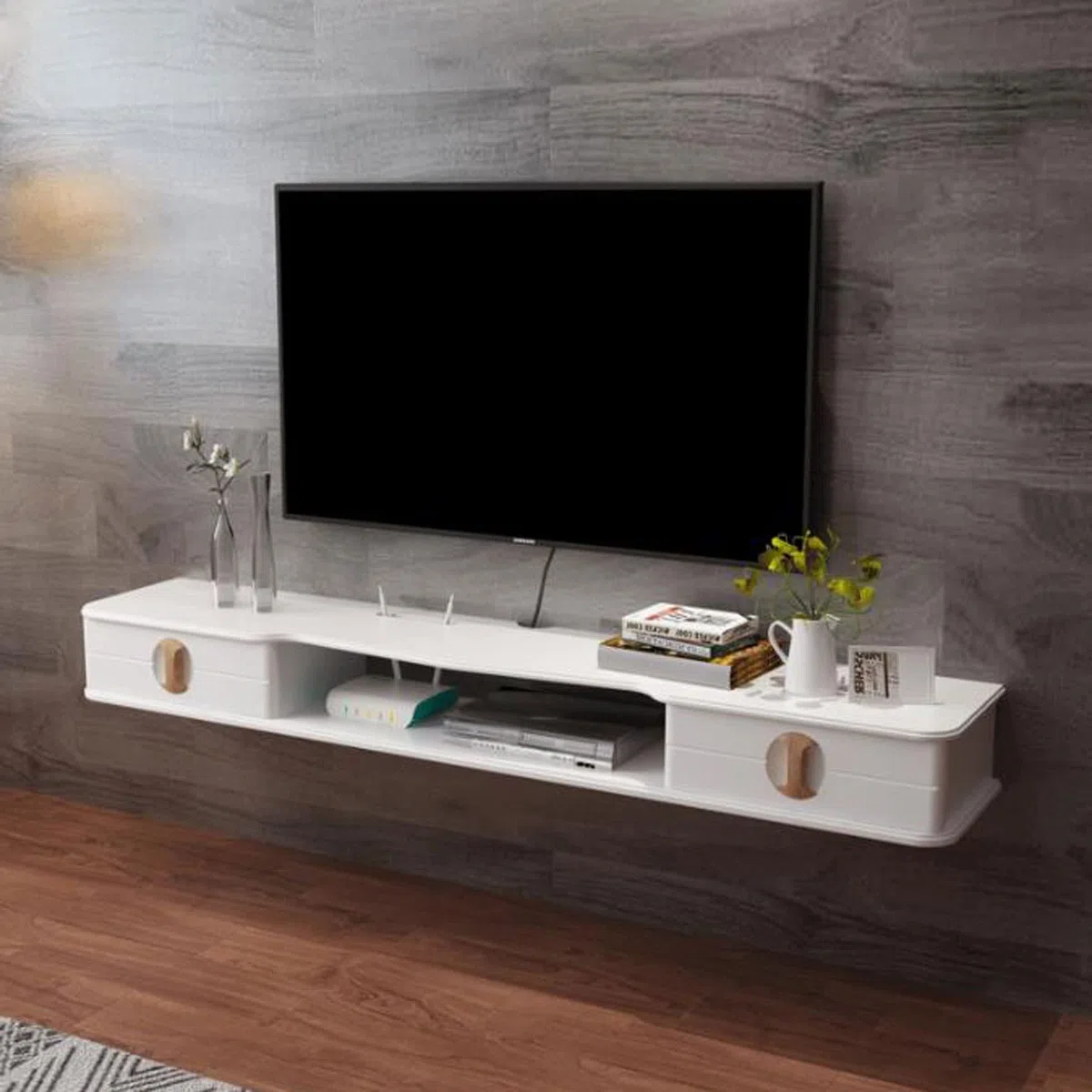 Mensola Galleggiante A Parete Mobile Tv Router Decoder Sky Box Cd Dvd Lettori Dvd Cornici Per Foto Scaffale Porta Giocattoli Libreria Supporti Tv Console Tv Scaffale Tv Portaoggetti, Bianco130Cm
