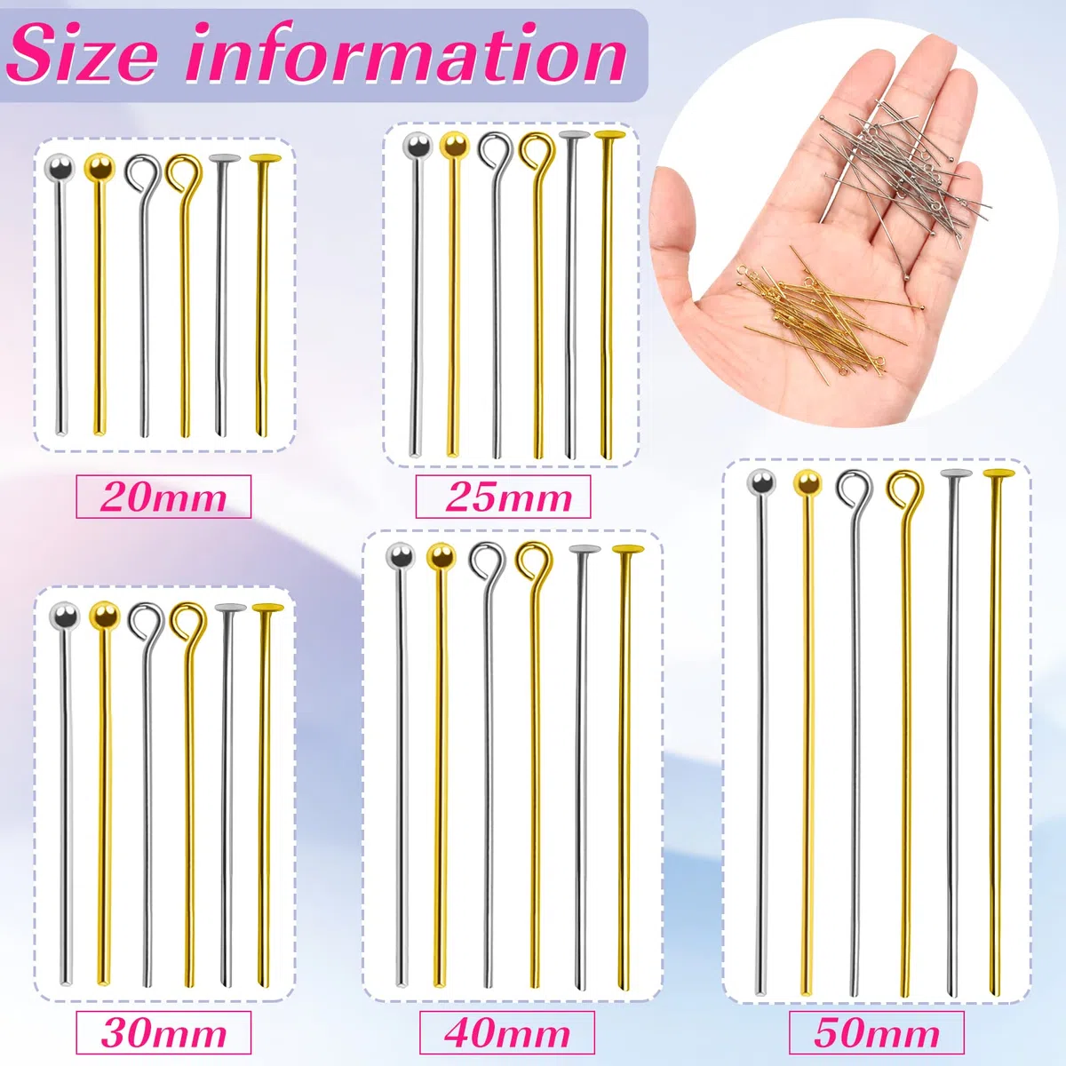 TOAOB 750 Pezzi Chiodini Testa Pins Piatta Occhio Spilli Acciaio Inossidabile Spillo Dritti 20mm a 50mm Pin per Creazione di Gioielli Fai da Te Collane Orecchini Bracciali Oro e Argento