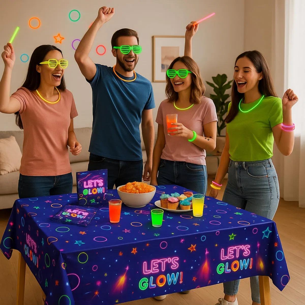 Set di 2 tovaglie impermeabili con 20 tovaglioli fluorescenti, reattivi ai raggi UV, in plastica PE facile da pulire, per feste di compleanno, decorazioni per interni ed esterni (stile A)