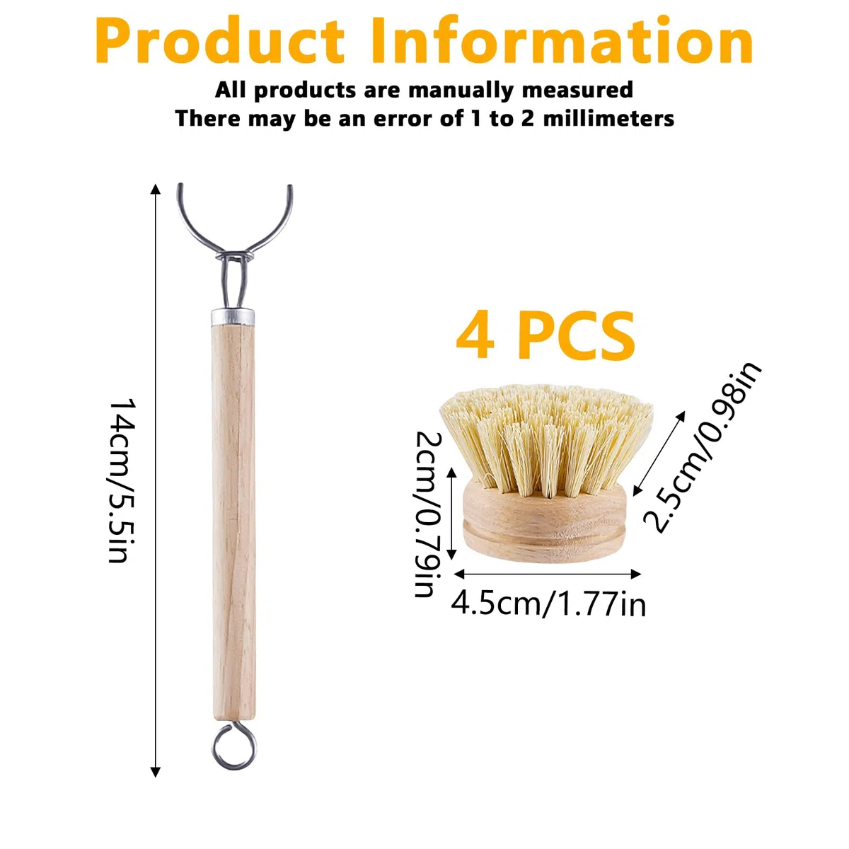 Spazzola per piatti in legno con testina intercambiabile, set di spazzole per cucina con fibra naturale, spazzola per lavare le stoviglie con 3 testine di ricambio, spazzola per pentole in fibra