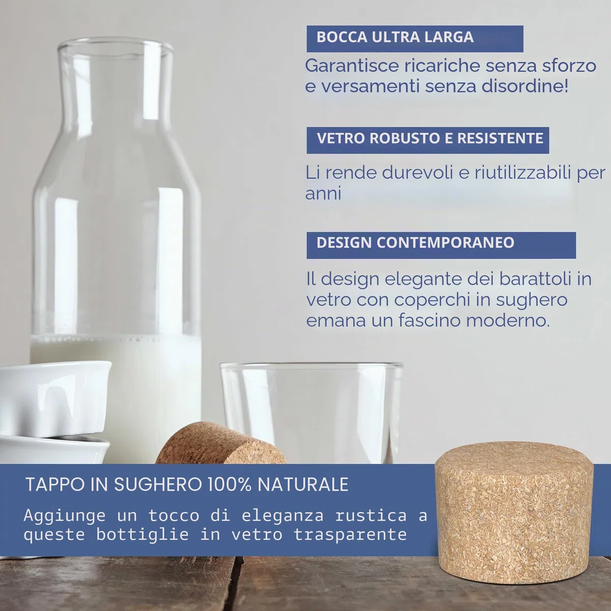 HEFTMAN Caraffa Bottiglia di Vetro - Bottiglia di Vetro da 1 Litro con Coperchio in Sughero, Caraffa d'Acqua Trasparente per Bevande Calde e Fredde, Vasetti Riutilizzabili per Ammorbidente per Tessuti