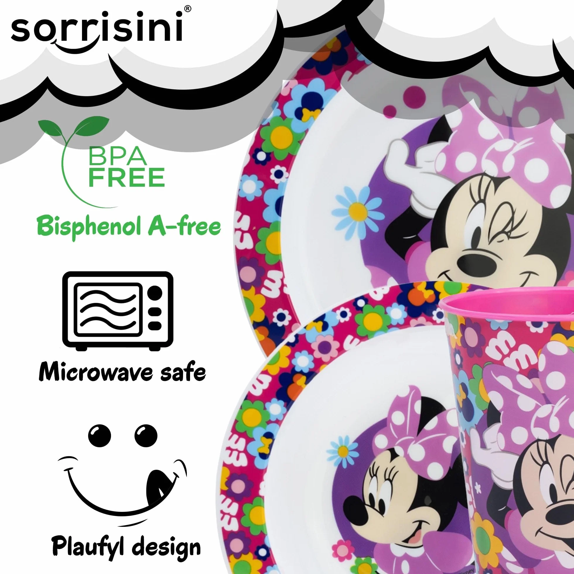 Stoviglie riutilizzabile Per Bambini, Set Piatti Asilo, Scoula, Set pappa con piatto, ciotola, bicchiere 260ml, piatti in plastica dura, Minnie