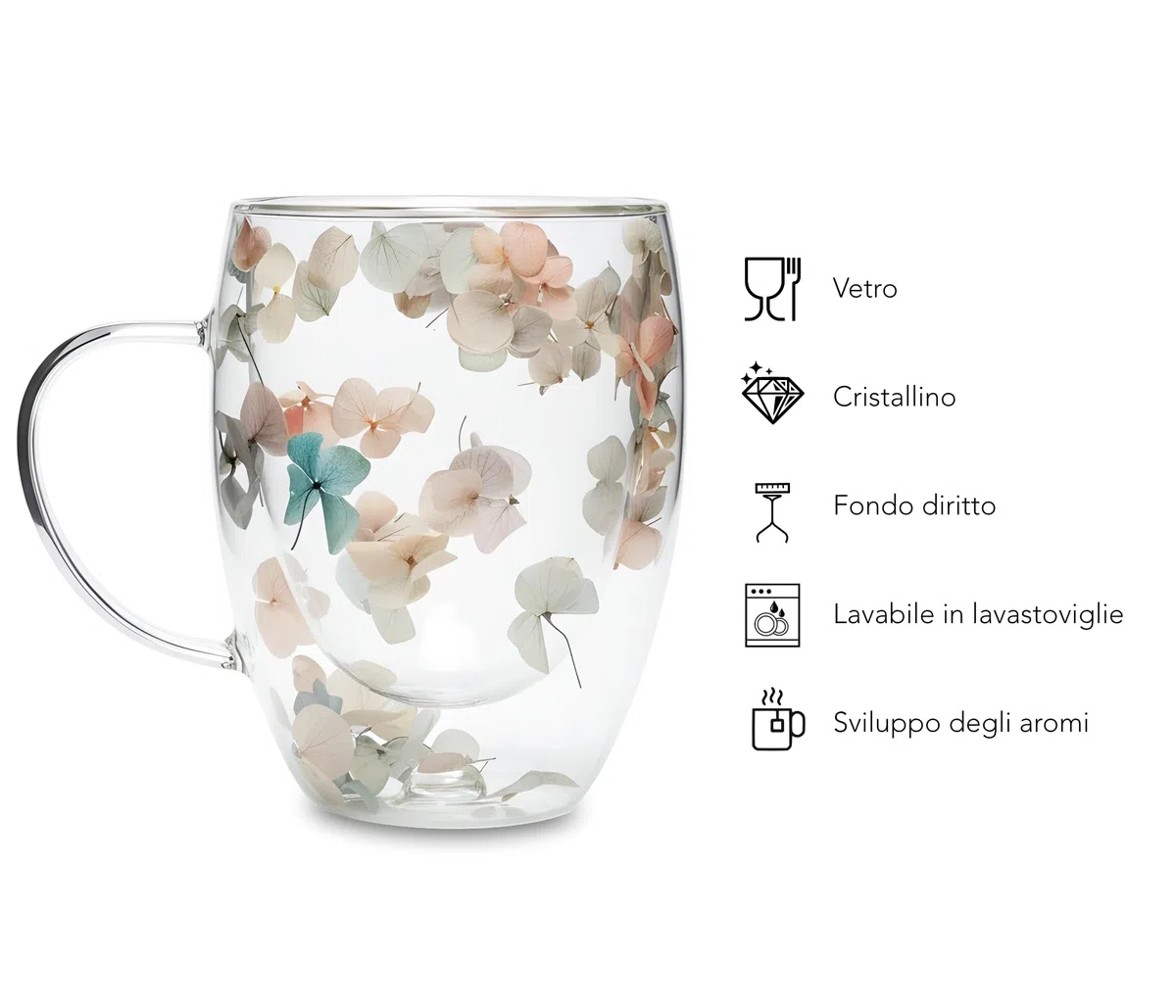 Tazza da te con infusore e coperchio in vetro a doppie pareti, con fiori, 320ml, lavabile in lavastoviglie, per tisane